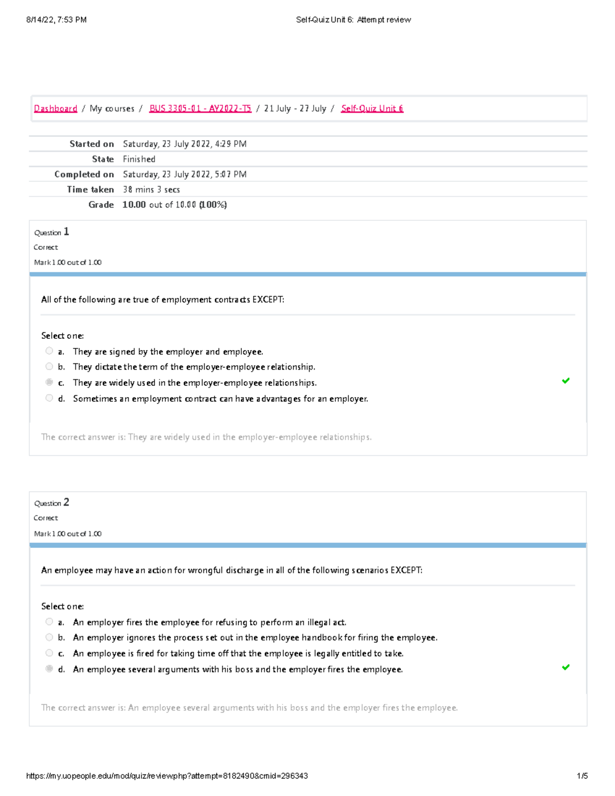 BUS 3305 Business Law And Ethics Self-Quiz Unit 6 - Started On Saturday ...