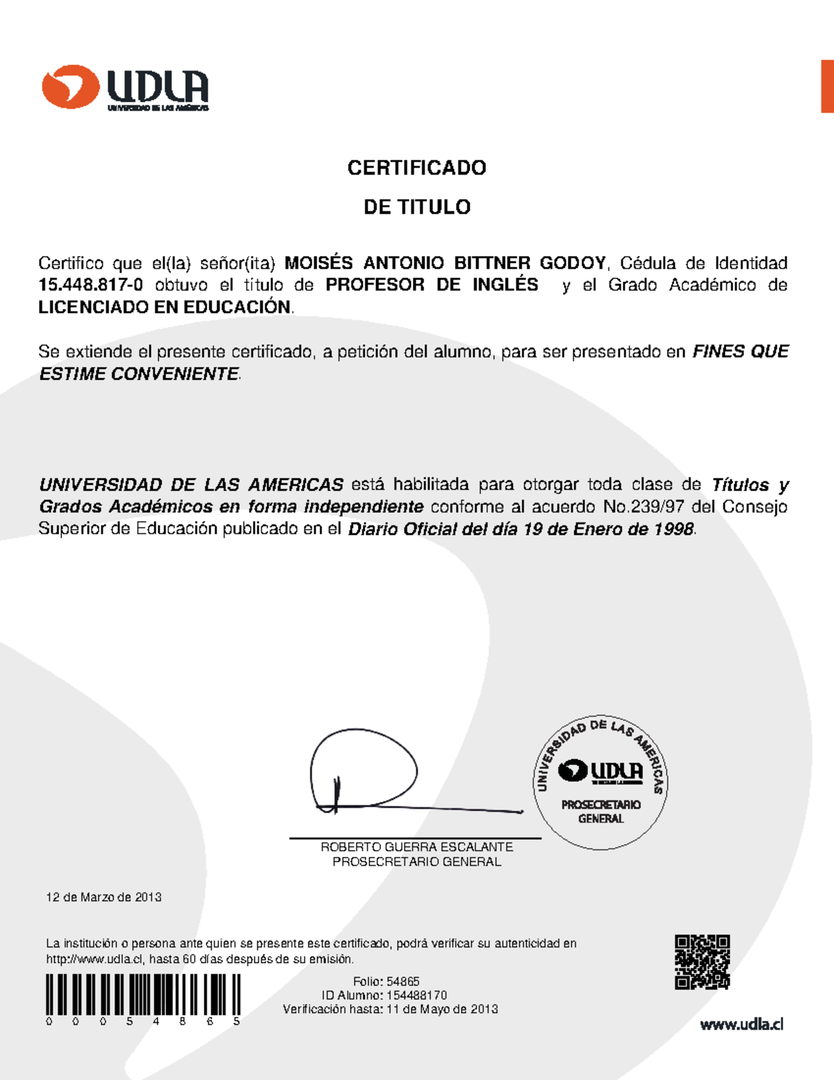 Certificado de Titulo Profesional y Grad CERTIFICADO DE TITULO La