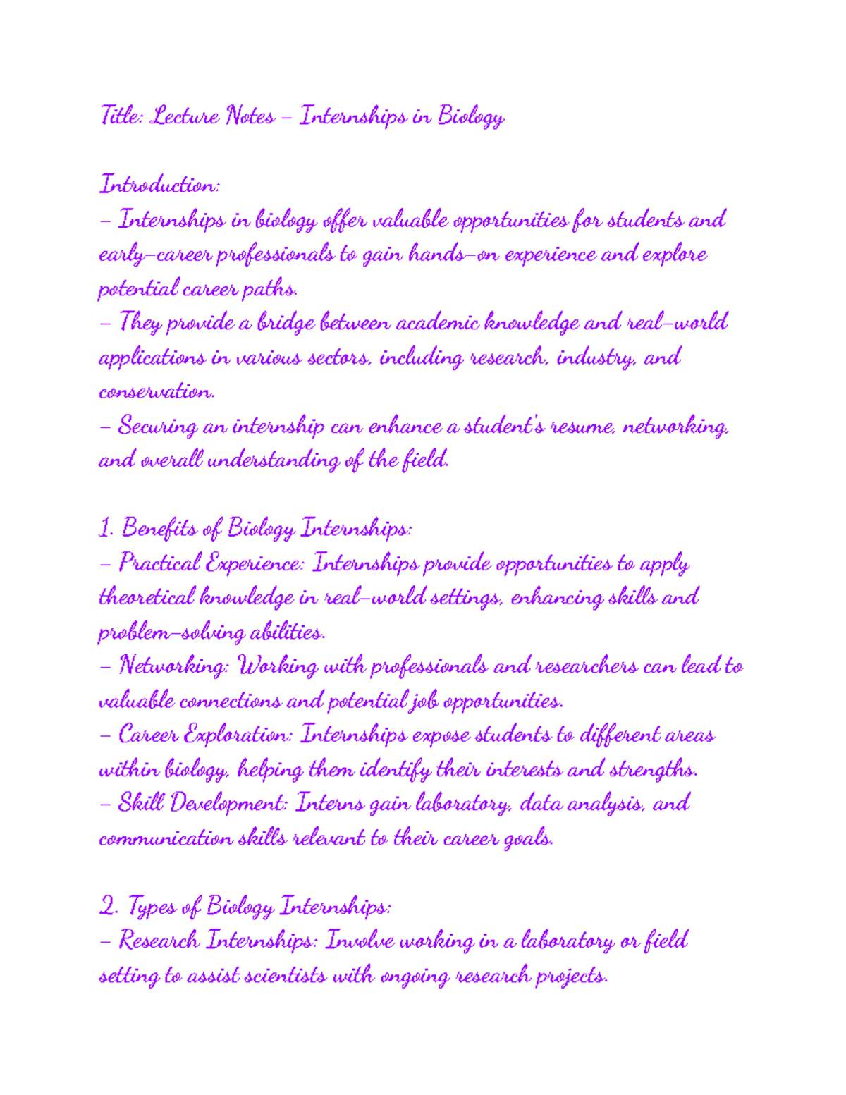 Biol 105 internships - Title: Lecture Notes - Internships in Biology ...