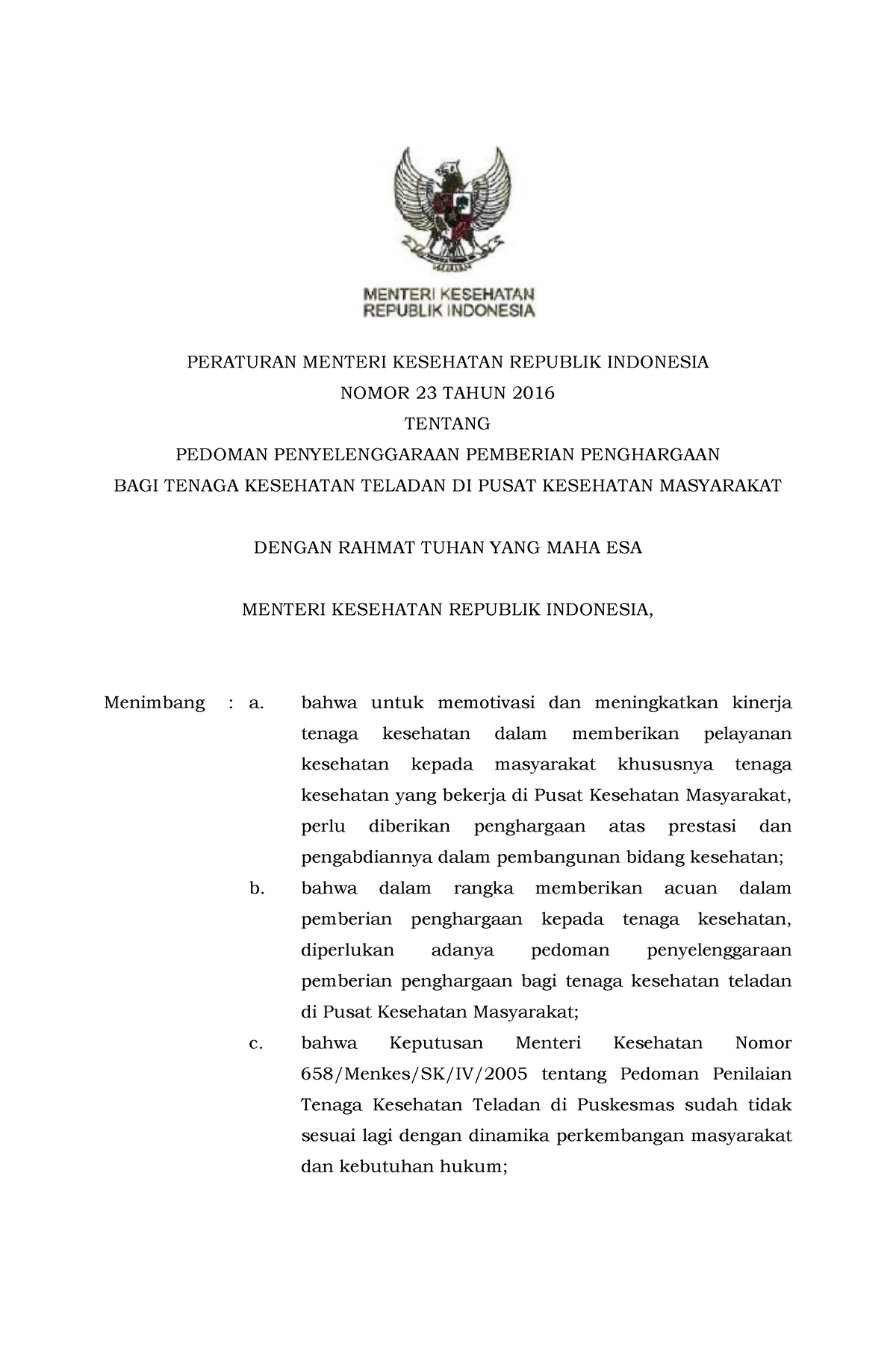 Permenkes Nomor 23 Tahun 2016 - PERATURAN MENTERI KESEHATAN REPUBLIK ...