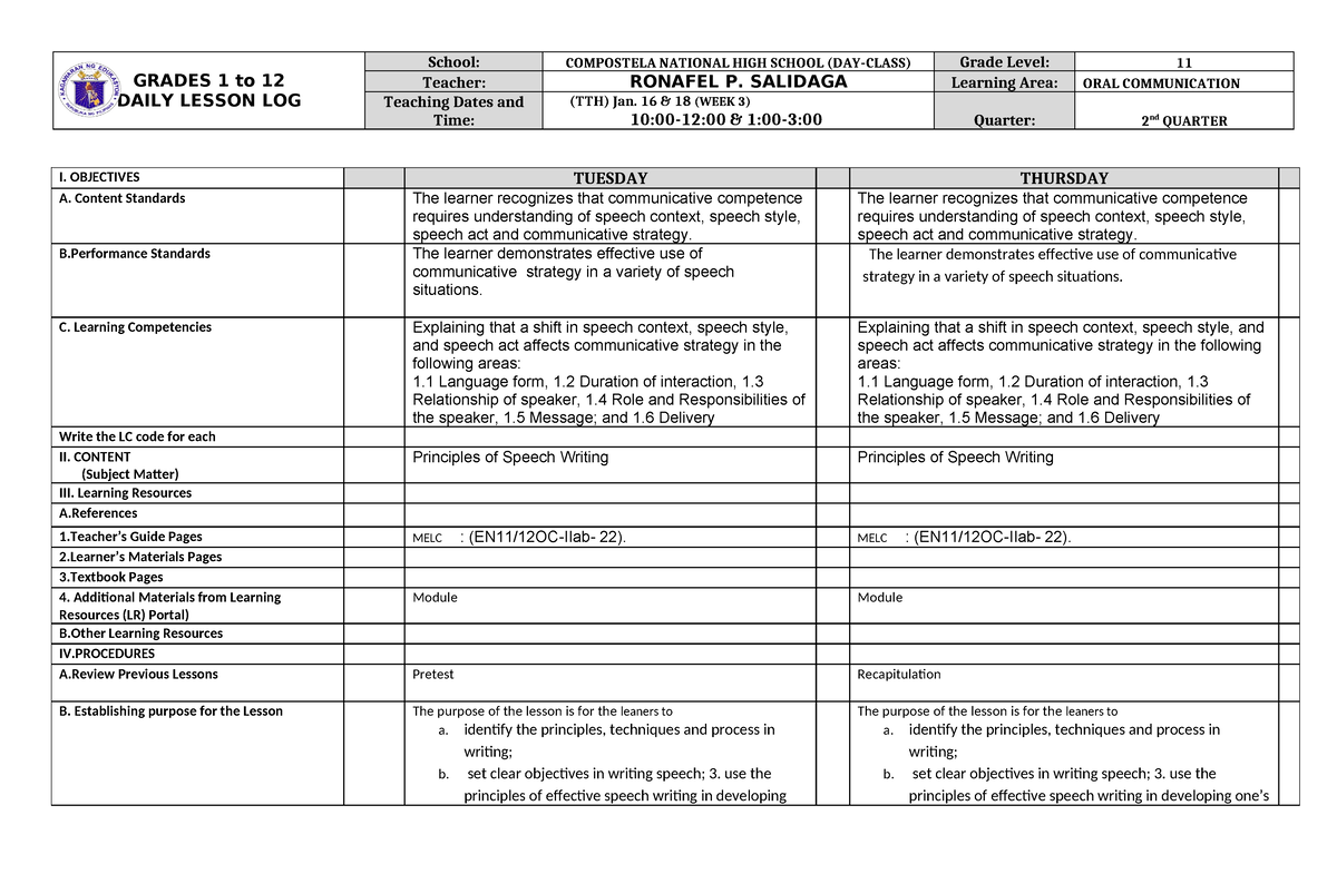 DLL-ORAL-COM-2nd quarter TTH JAN 16-18 - GRADES 1 to 12 DAILY LESSON ...