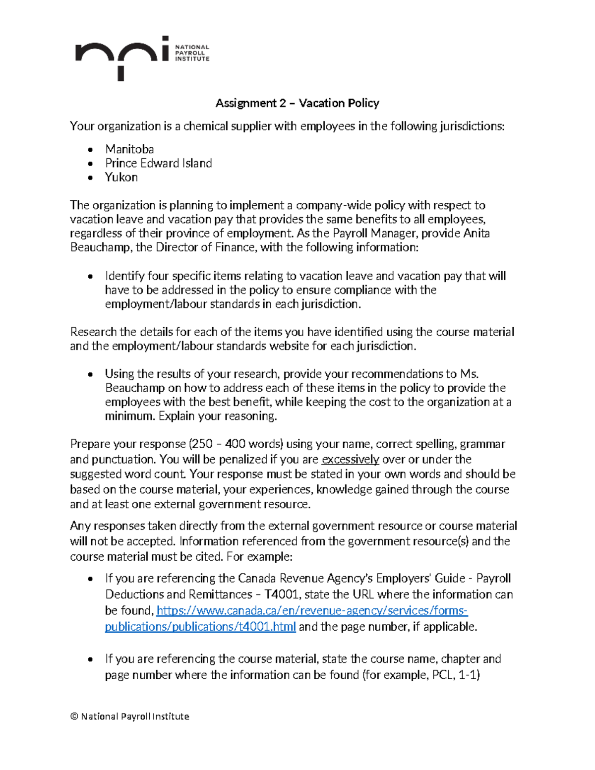 assignment 2 vacation policy