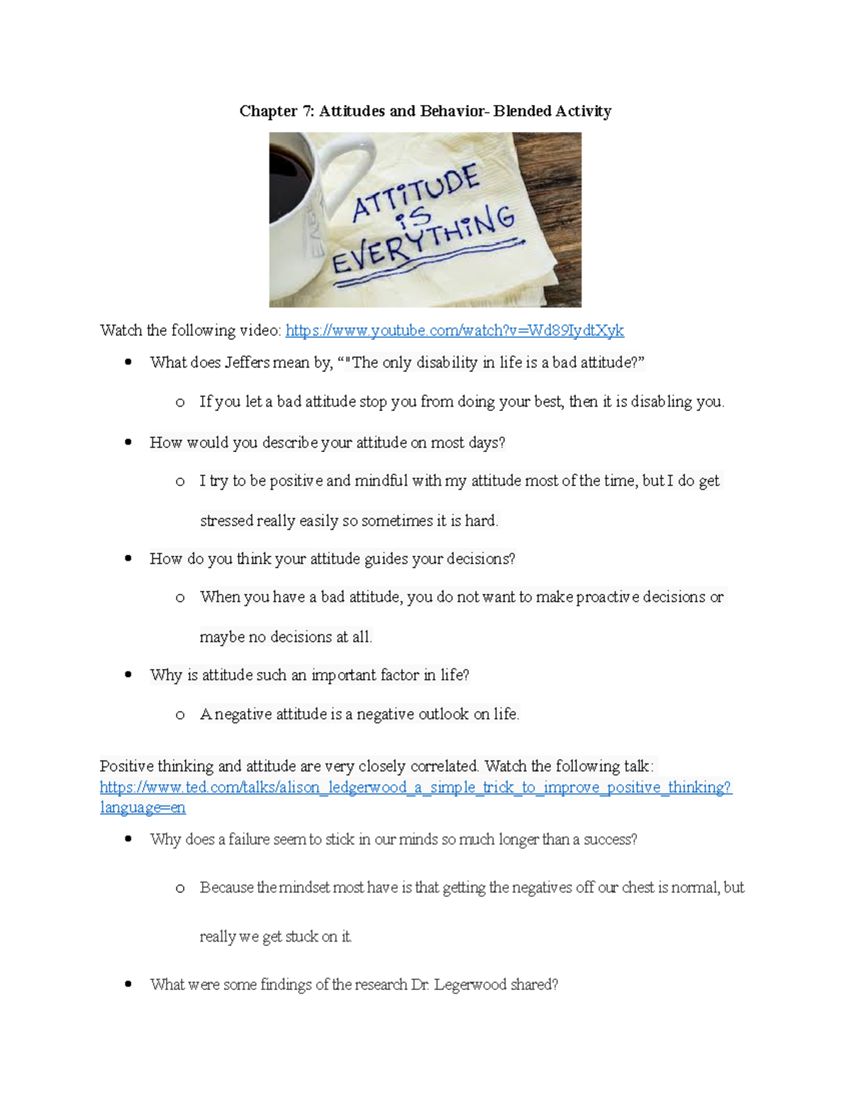 Attitude Blended Activity PSY 362 - Chapter 7: Attitudes and Behavior ...