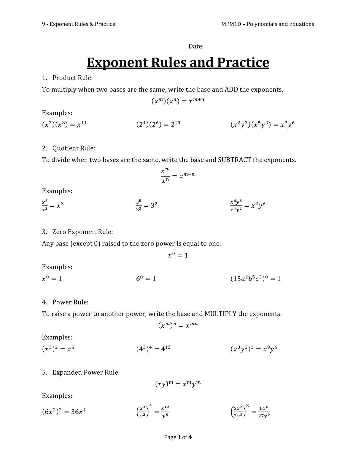 09 Exponent Rules Practice Date Exponent Rules 3760