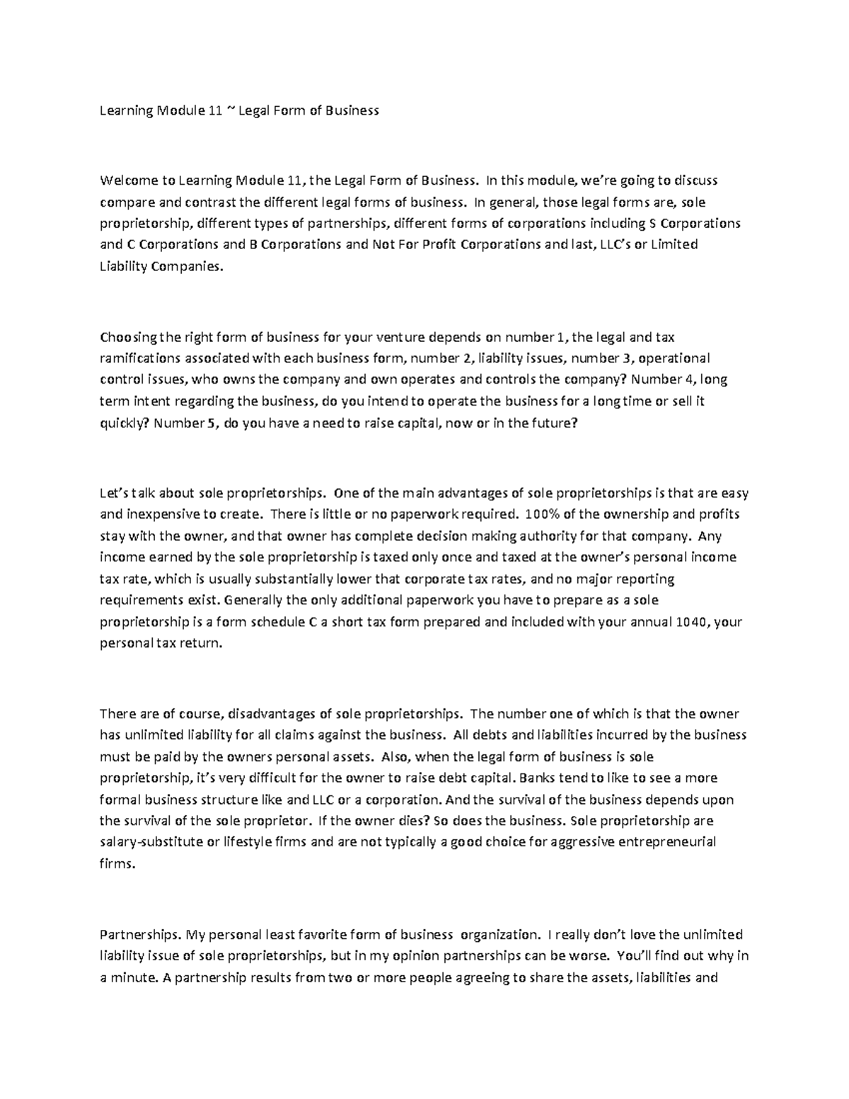 Learning Module 11script - Learning Module 11 ~ Legal Form of Business ...