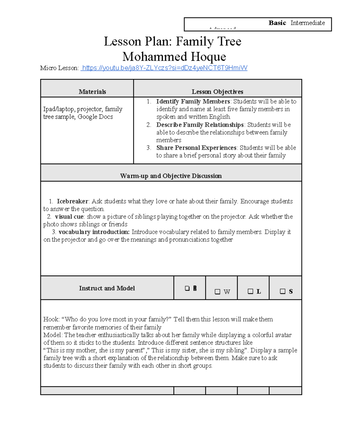 Capstone 1 Lesson Plan (Embed corresponding link to micro teaching
