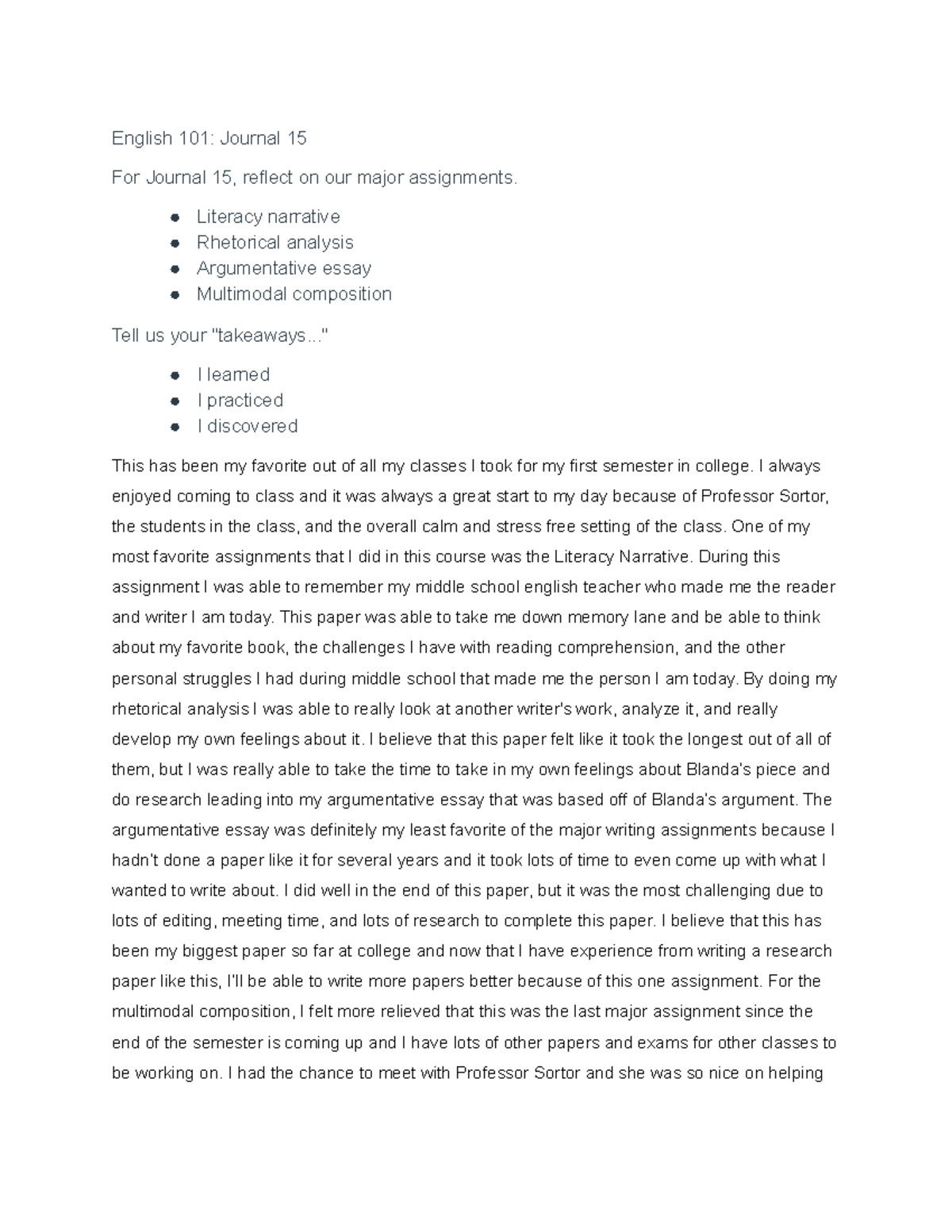 ENG Journal 15 - Reflection on major assignments of class - English 101 ...