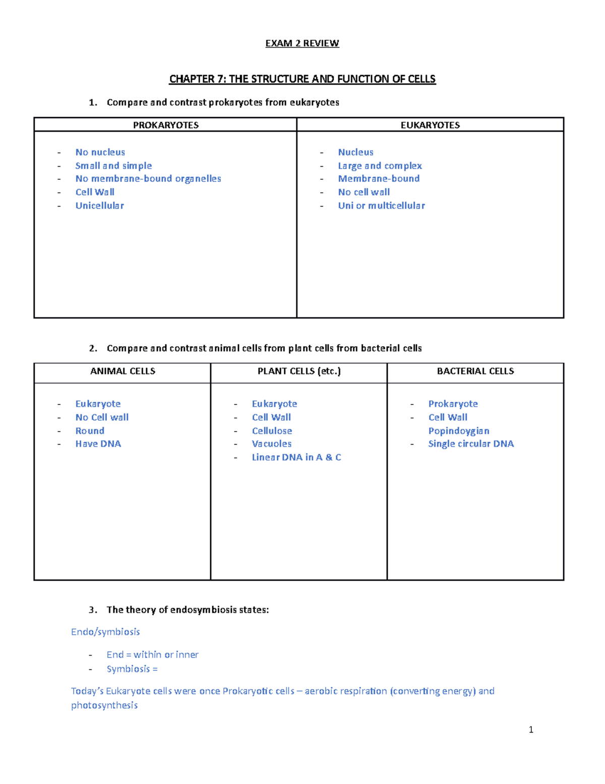 Exam 2 Review - CHAPTER 7: THE STRUCTURE AND FUNCTION OF CELLS Compare ...