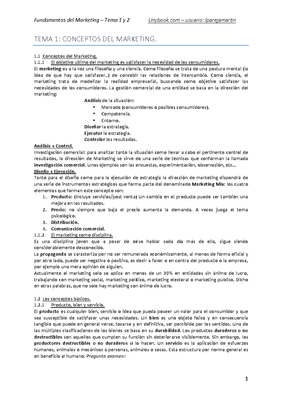 Fundamentos del Marketing - Tema 1 y 2 - 1 Conceptos del Marketing. 1.1 ...