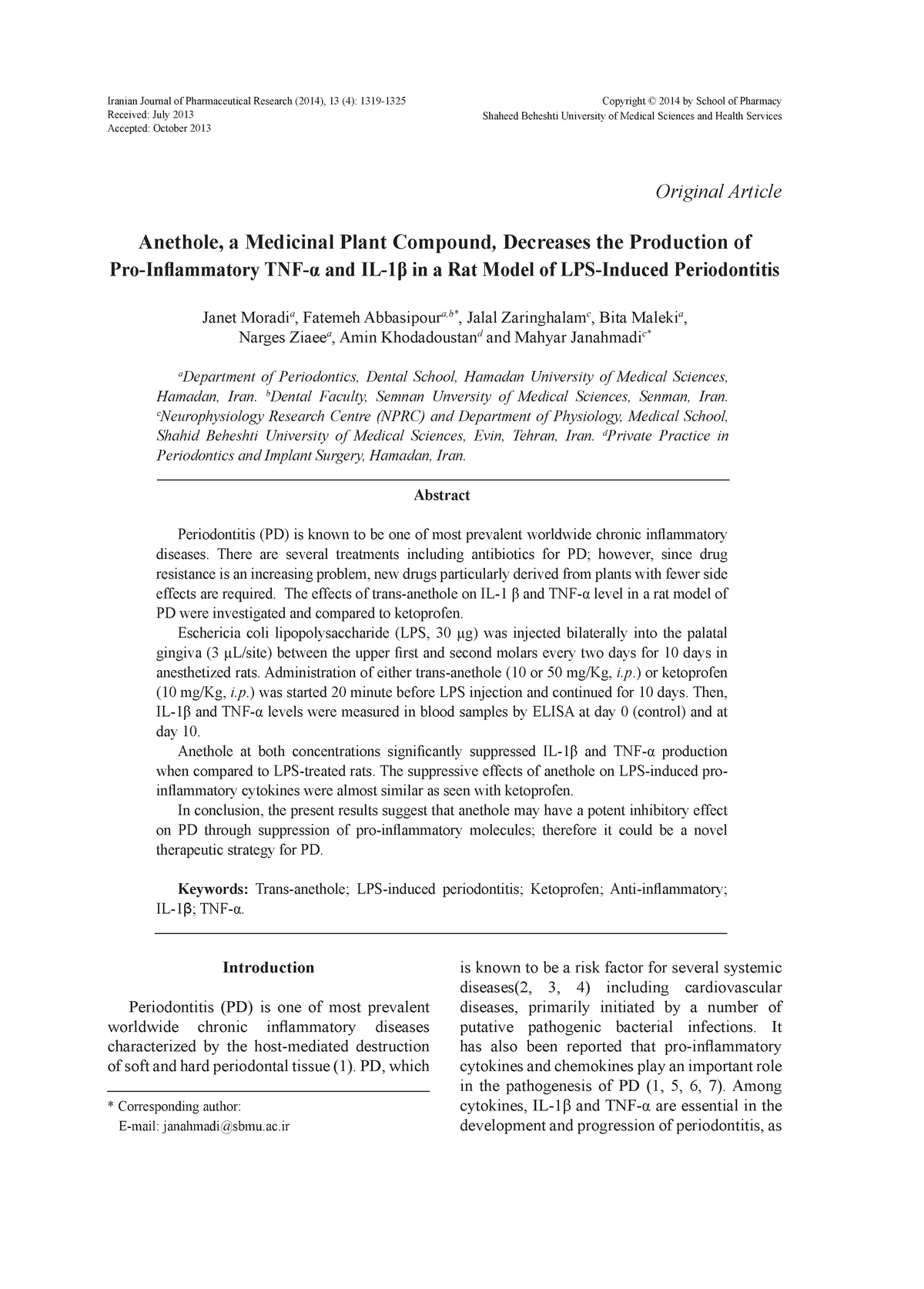 Anethole in Periodontitis - Original Article Anethole, a Medicinal ...