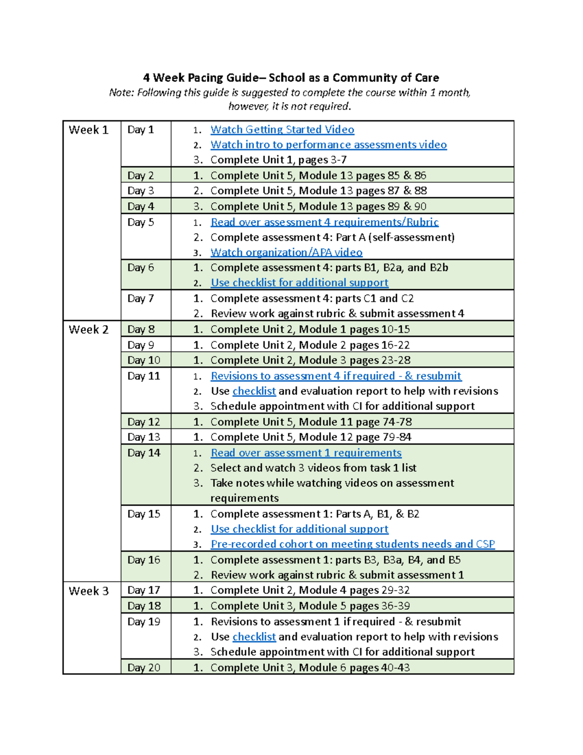 4 Week Pacing Guide D090 - 4 Week Pacing Guide– School as a Community ...