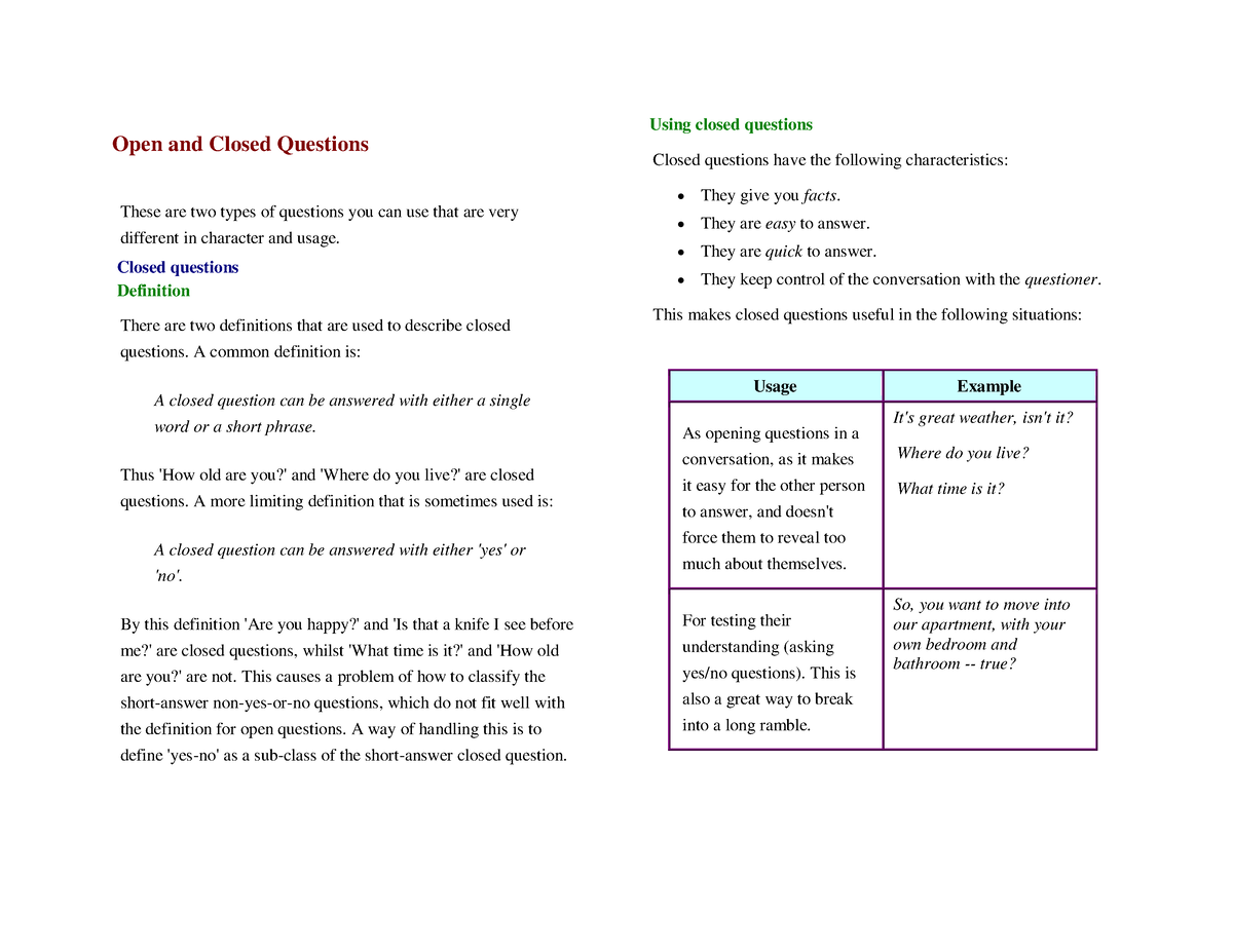 Open And Closed Questions - Open And Closed Questions These Are Two ...