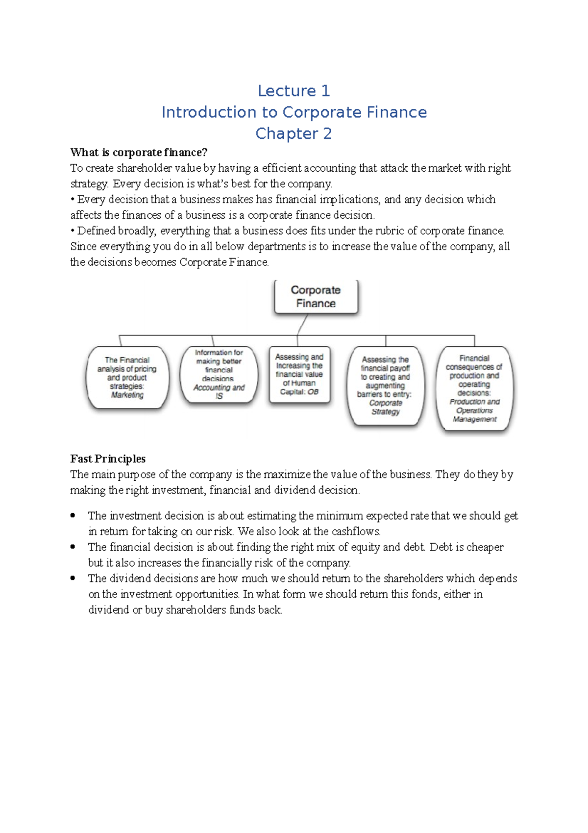 Lecture 1 - Introduction to Corporate Finance - Lecture 1 Introduction ...