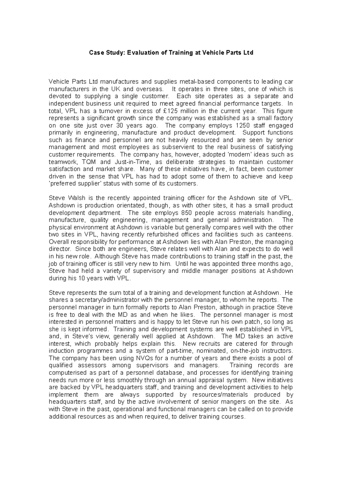 Te training evaluation Case Study Evaluation of Training at