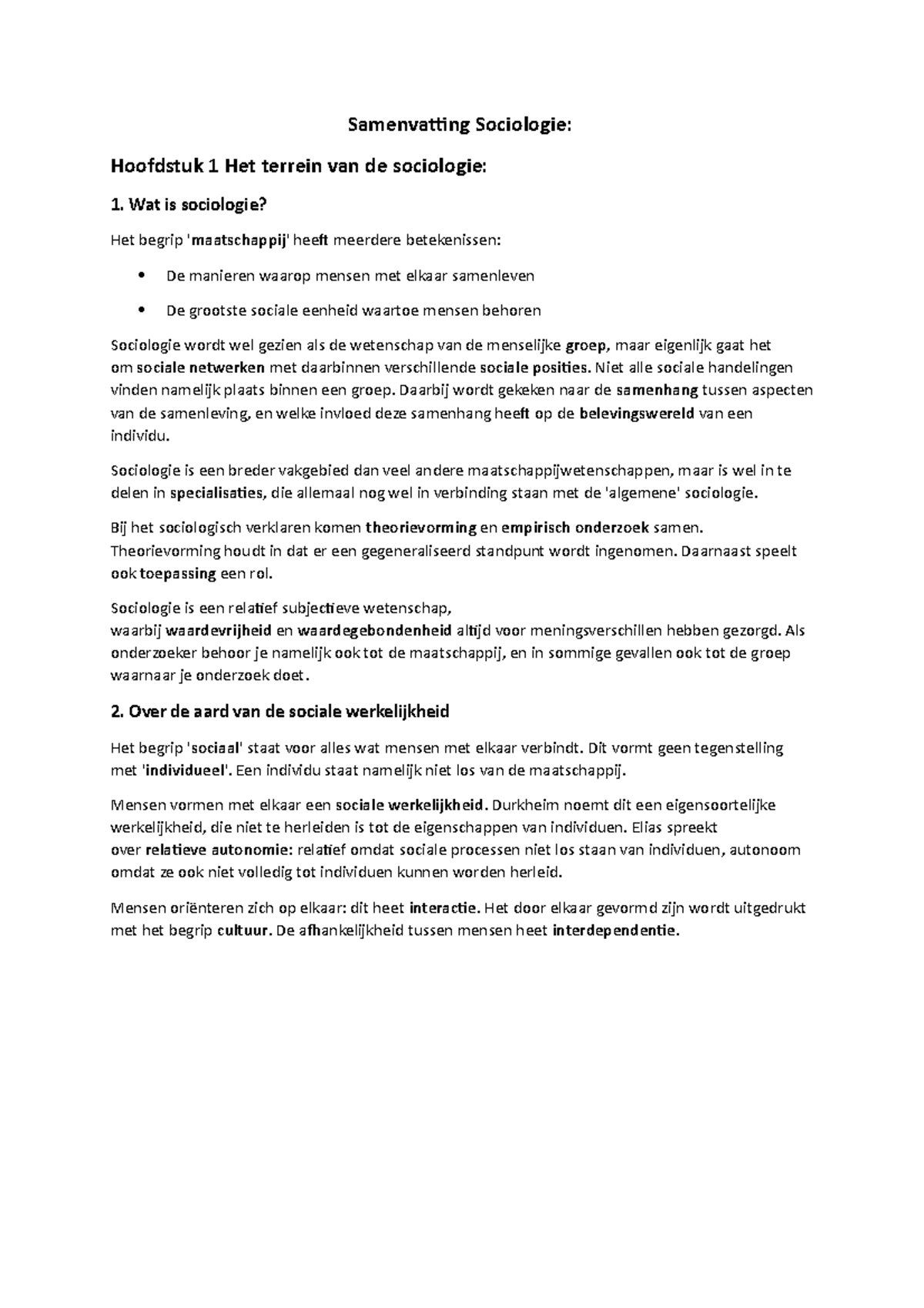 Samenvatting Sociologie H1 En H2 - Samenvatting Sociologie: Hoofdstuk 1 ...