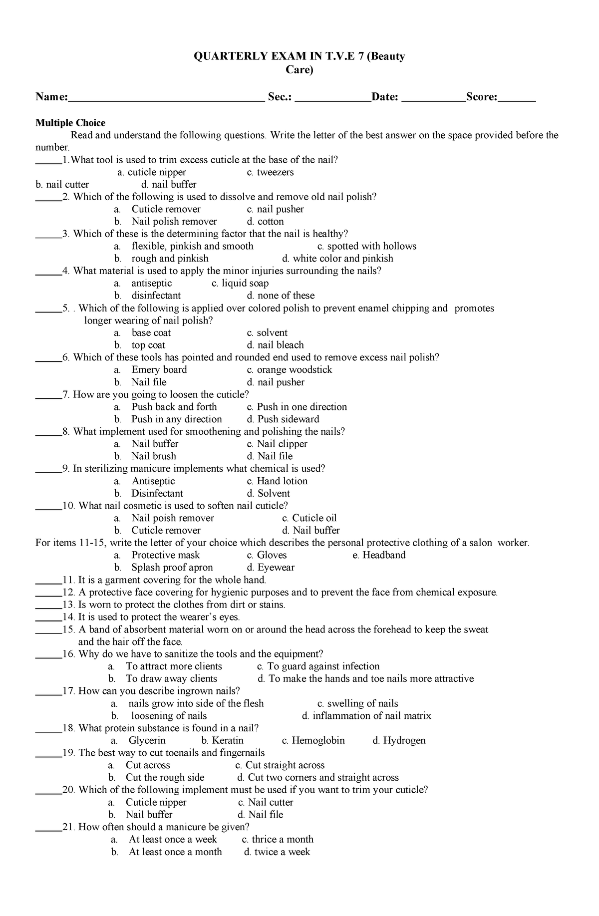 Beauty-care-periodical-test-grade-7 compress - QUARTERLY EXAM IN T.V 7 ...