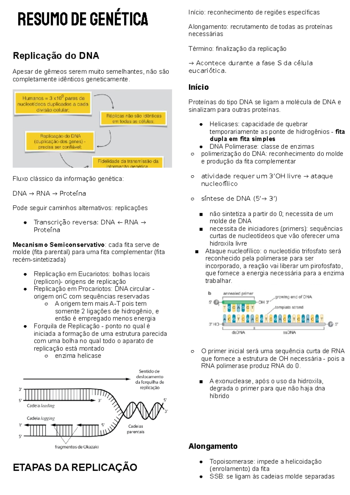 Documento sem título - anotações - resumo de genética Replicação do DNA ...