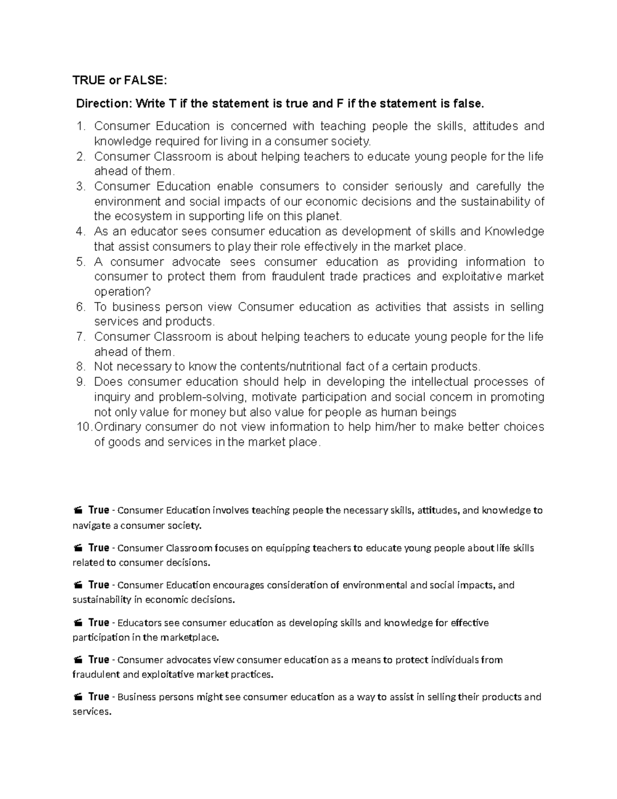 TRUE or False CE - mn,n - TRUE or FALSE: Direction: Write T if the ...