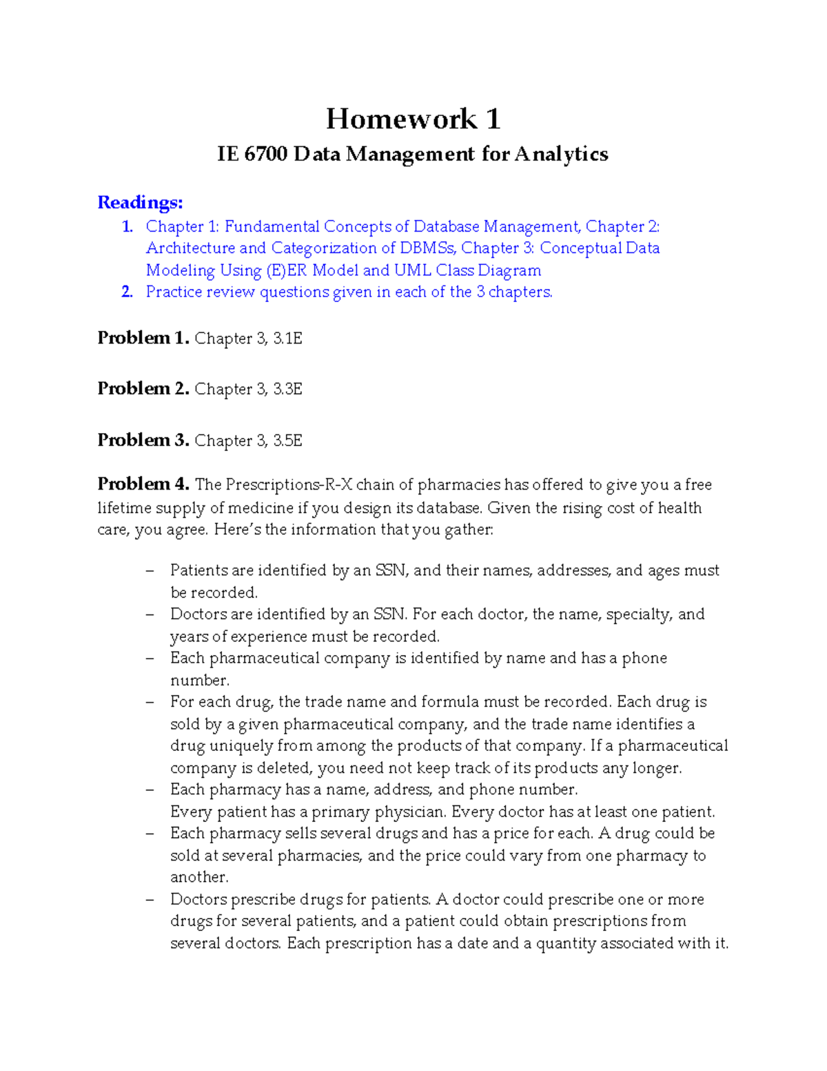 Homework 1 DBMS Chapter 3 - Homework 1 IE 6700 Data Management For ...