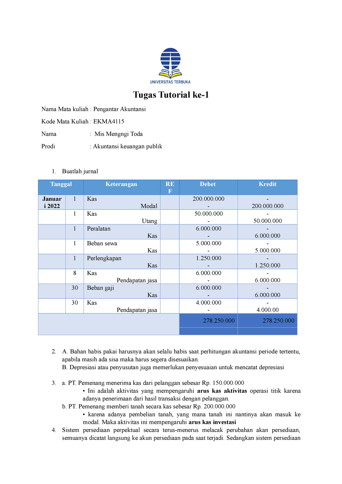 Tugas 1. Pengantar Akuntansi - Tugas Tutorial Ke- Nama Mata Kuliah ...