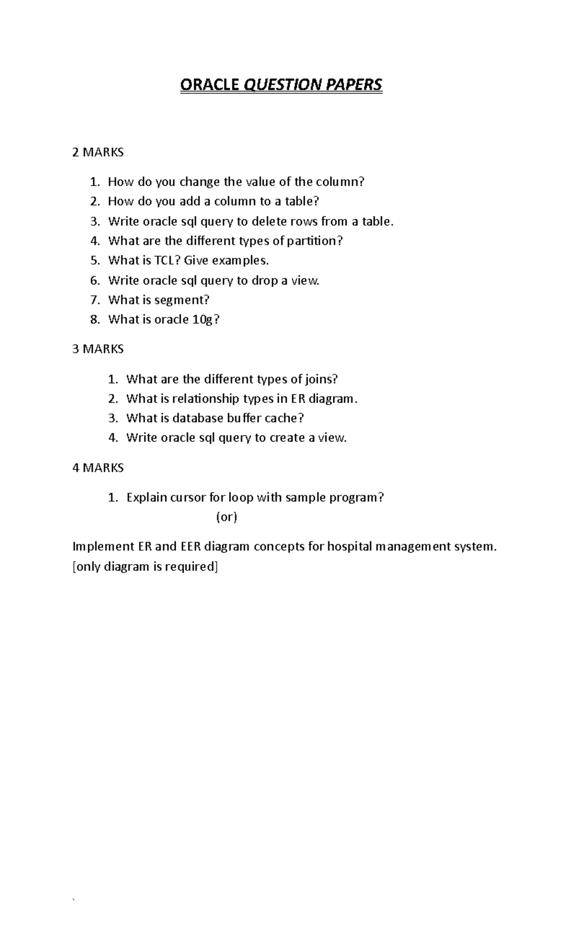 Exam 1 February 2017, Questions - ORACLE QUESTION PAPERS 2 MARKS 1. 2 ...