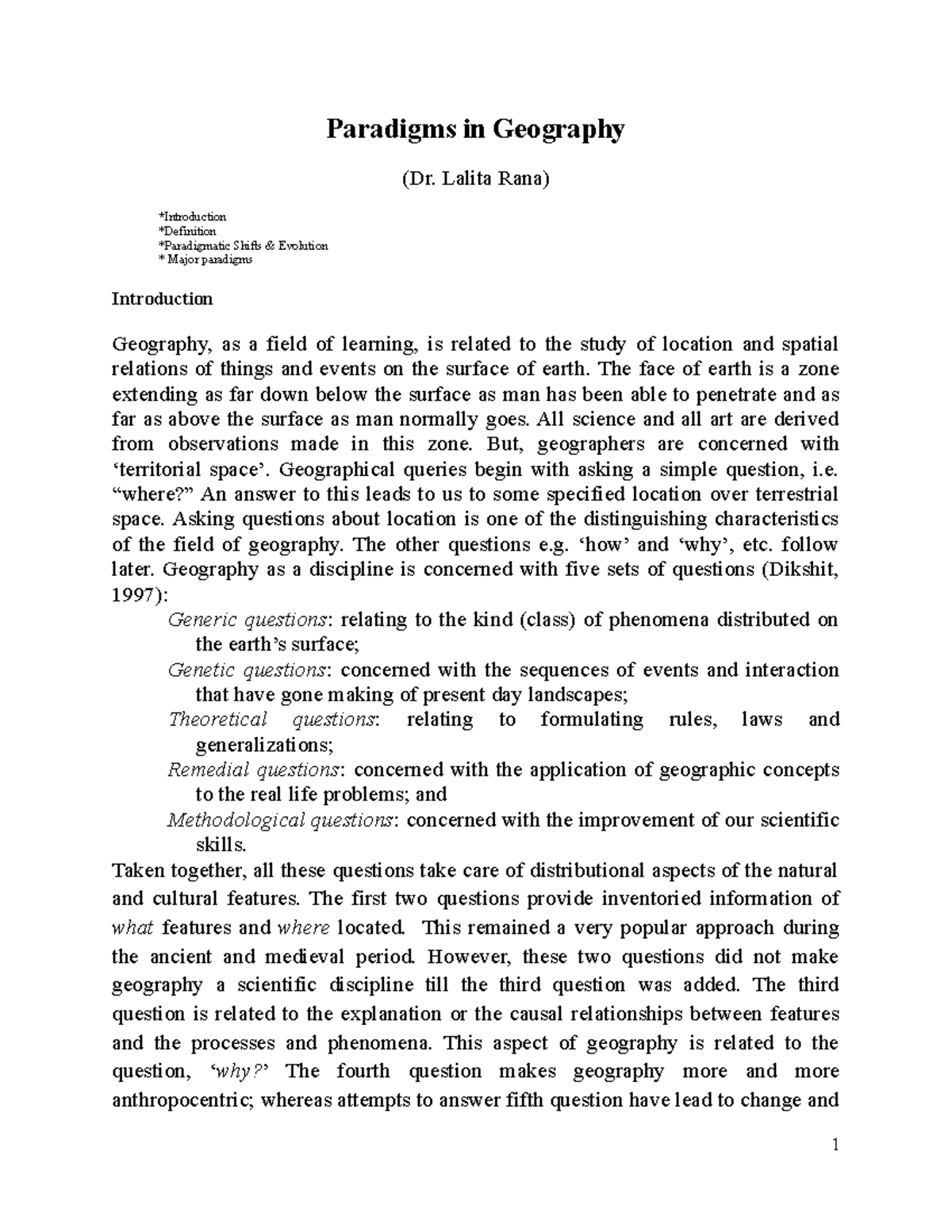 Paradigms in Geography Lalita Rana) *Introduction *Definition