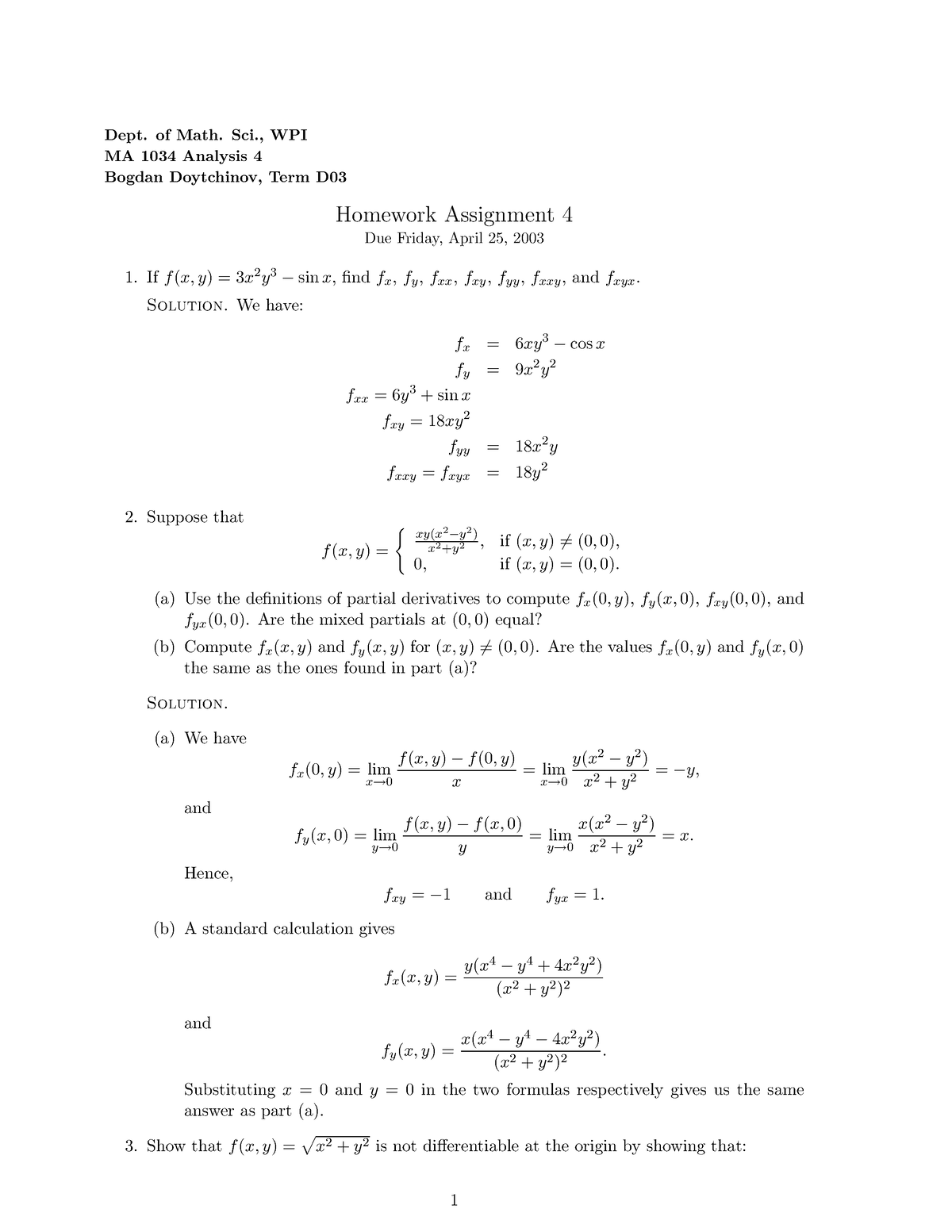 Hs04 - Good - Dept. Of Math. Sci., WPI MA 1034 Analysis 4 Bogdan ...