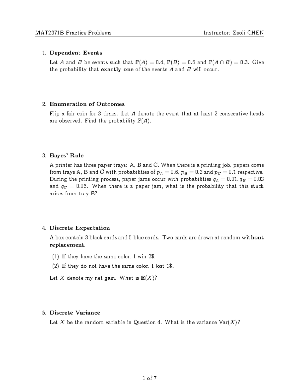Practice Problems - Dependent Events Let A and B be events such that P ...