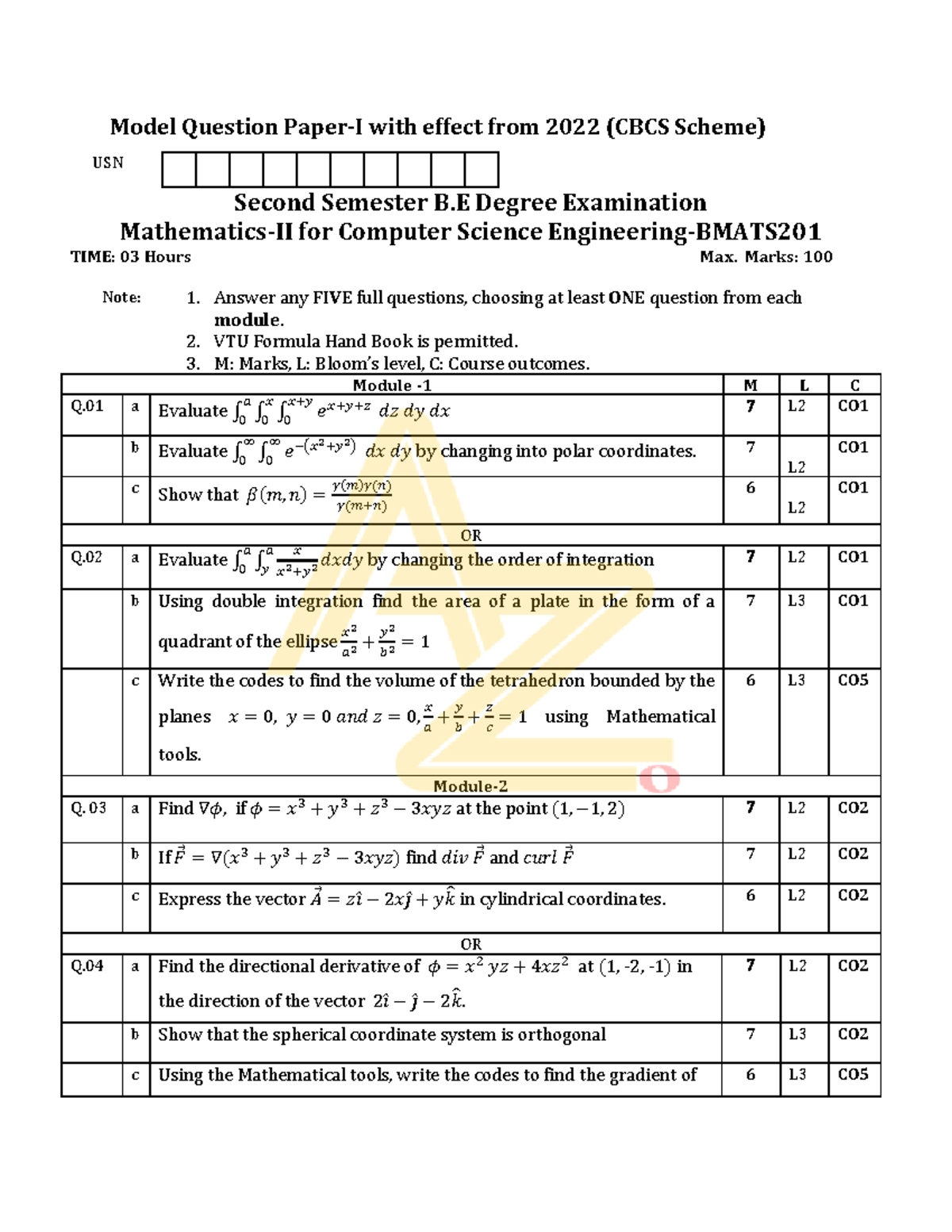 Bmats 201 MQPS1@Az Documents - Model Question Paper-I With Effect From ...