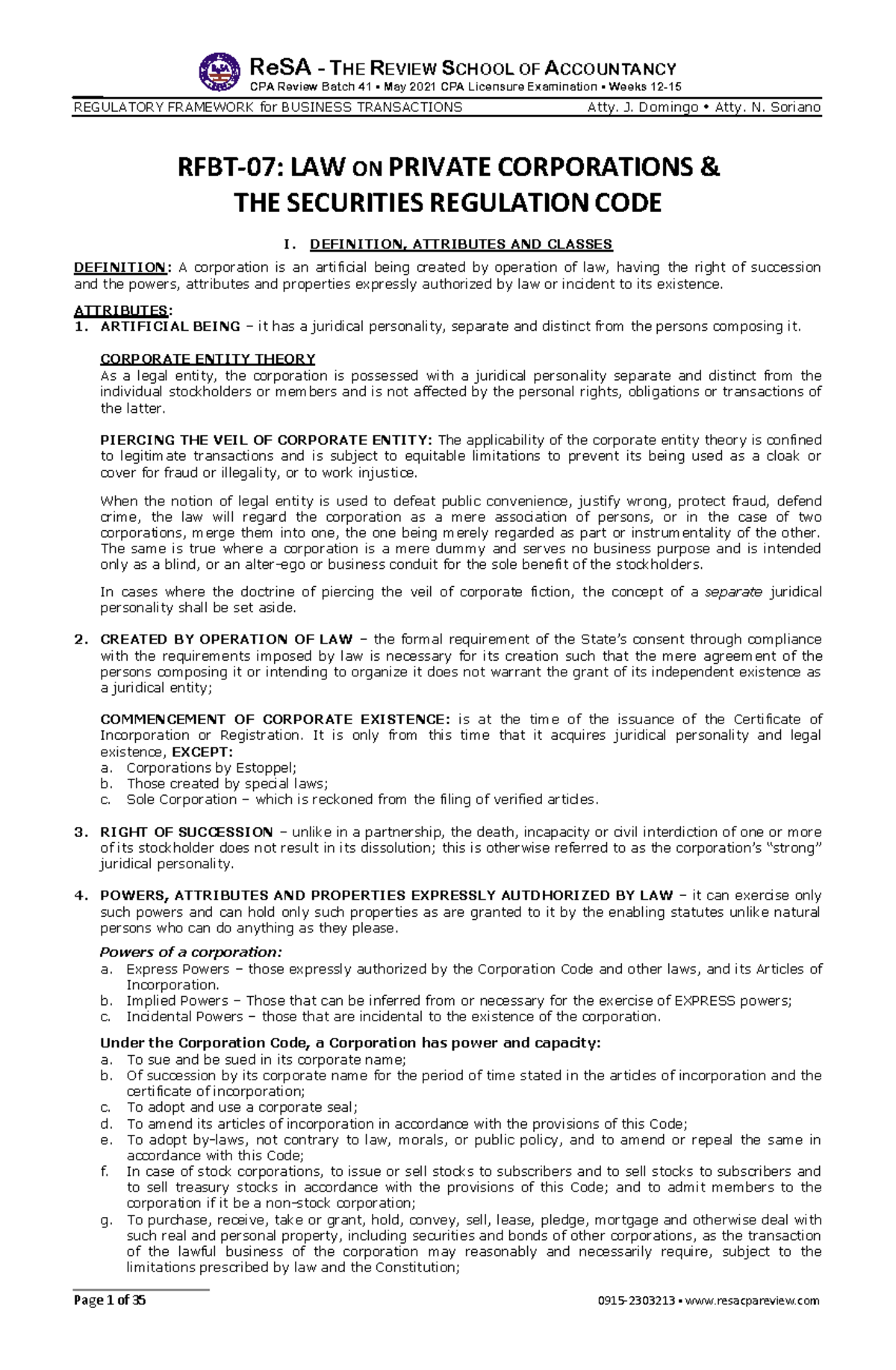 RFBT 06 Law On Corporations And The Securities Code ReSA THE REVIEW 