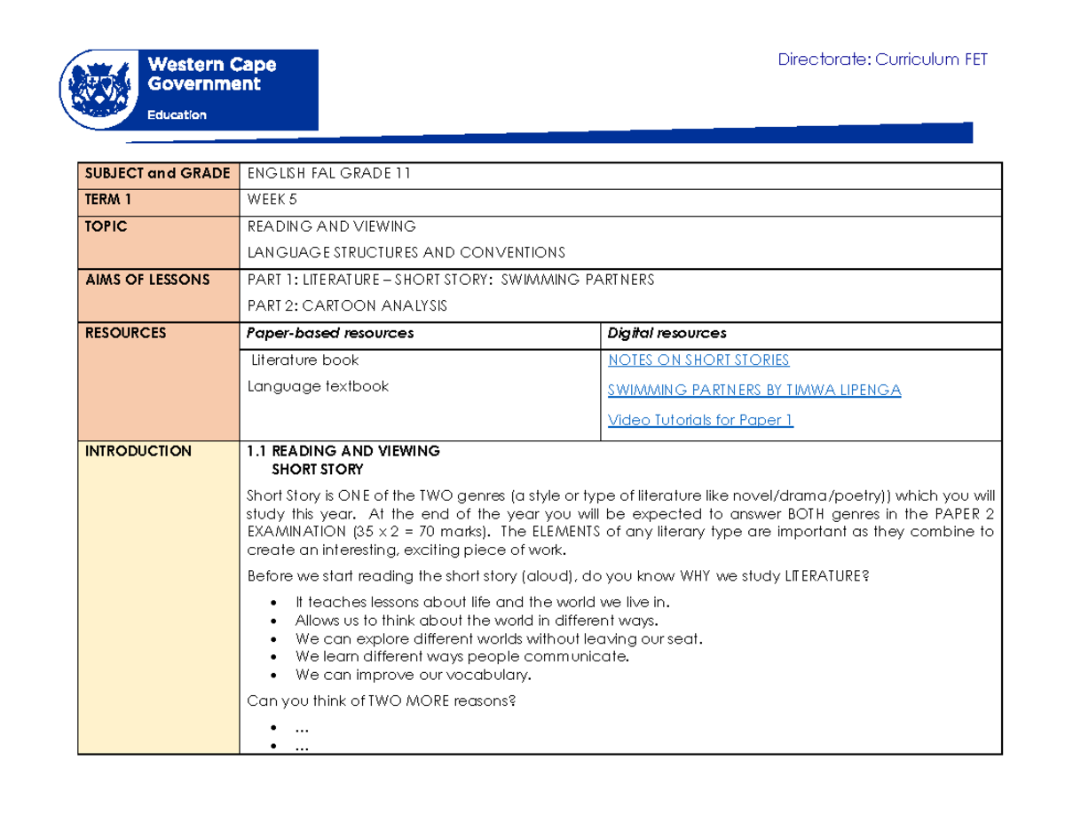 English FAL Grade 11 Term 1 Week 5 2021 - Directorate: Curriculum FET ...