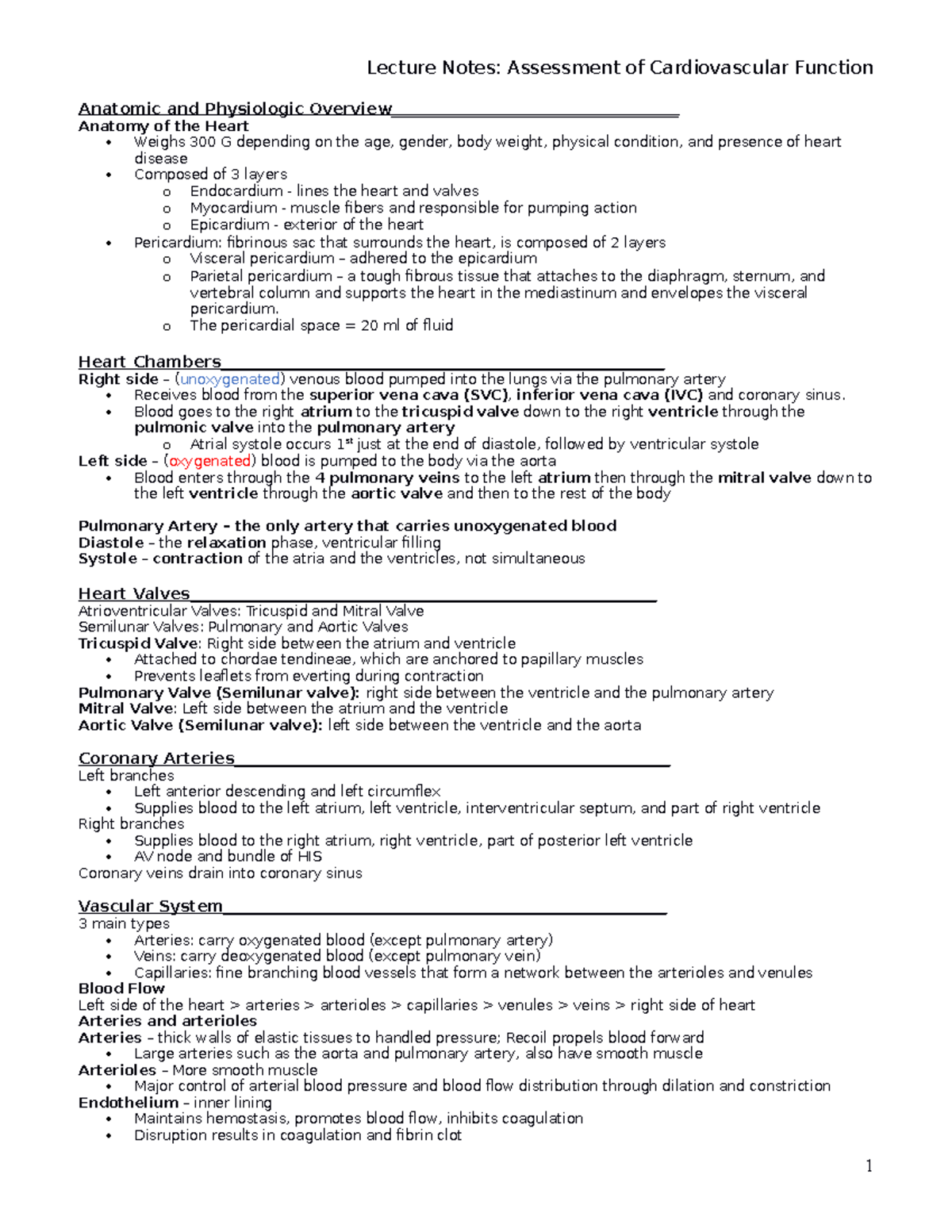 LN Chapter 25 Cardiovascular Function - Lecture Notes: Assessment Of ...