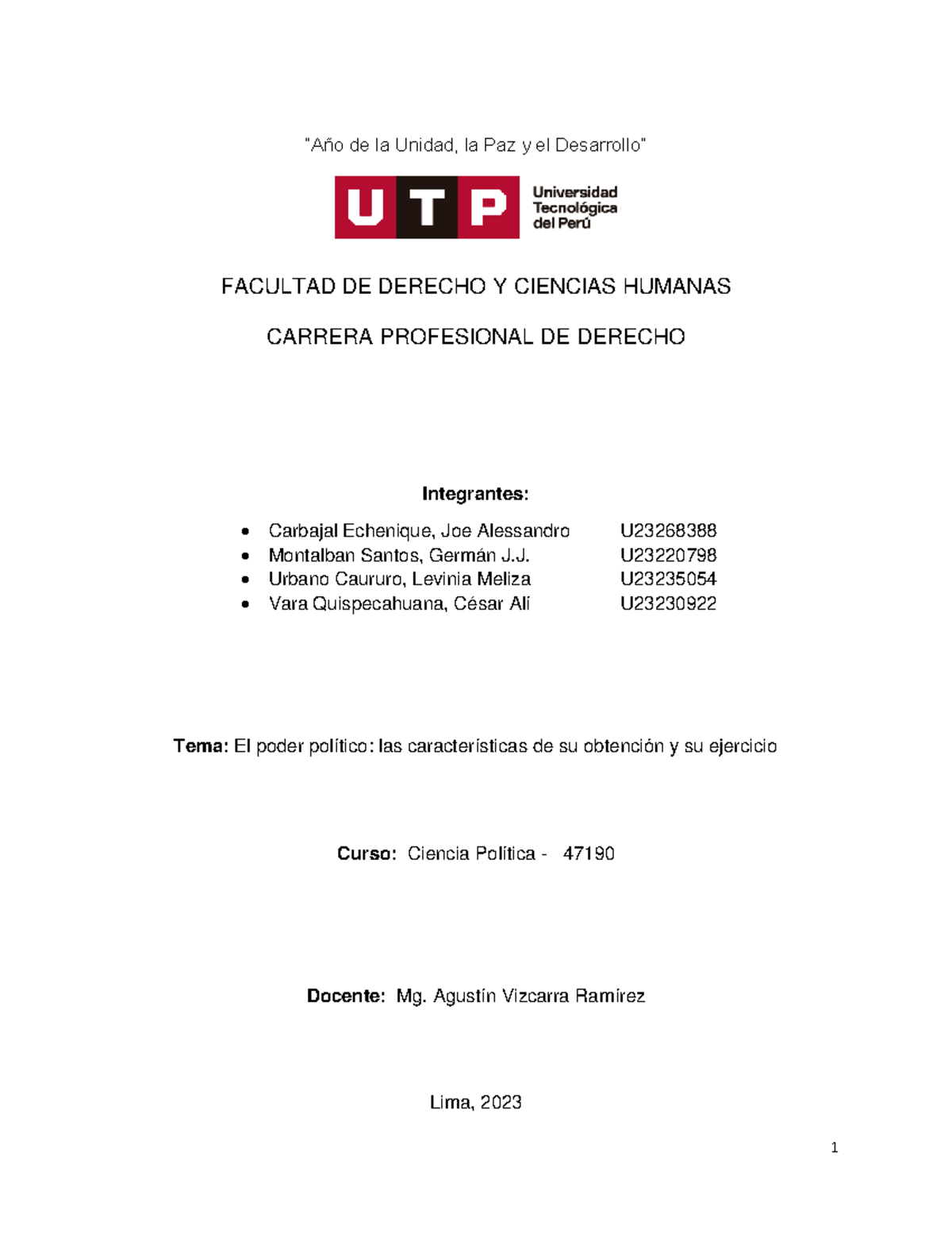 Trabajo Final Ciencia Política Poder Politico - “Año de la Unidad, la ...