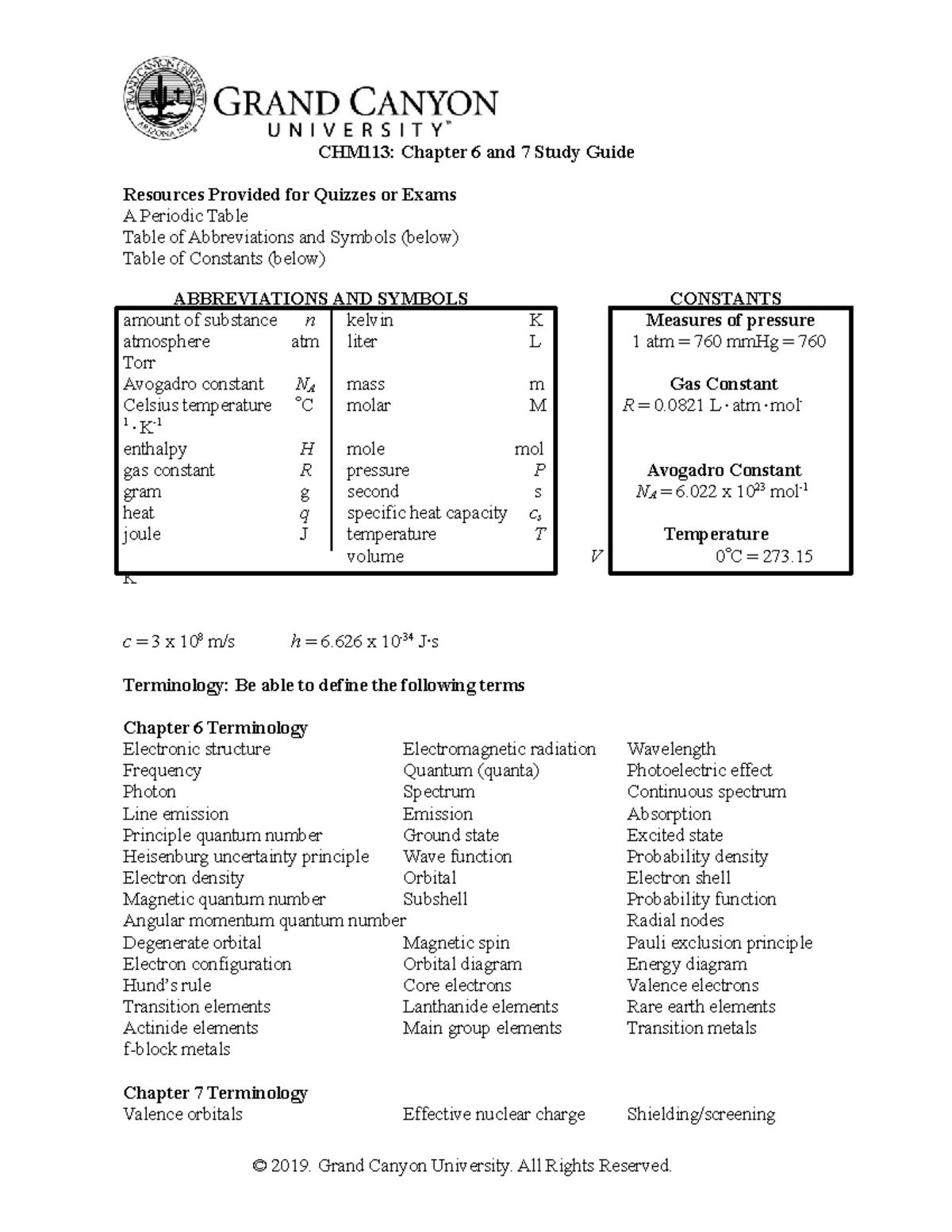 CHM113 Ch6 and 7 Study Guide - CHM113: Chapter 6 and 7 Study Guide ...