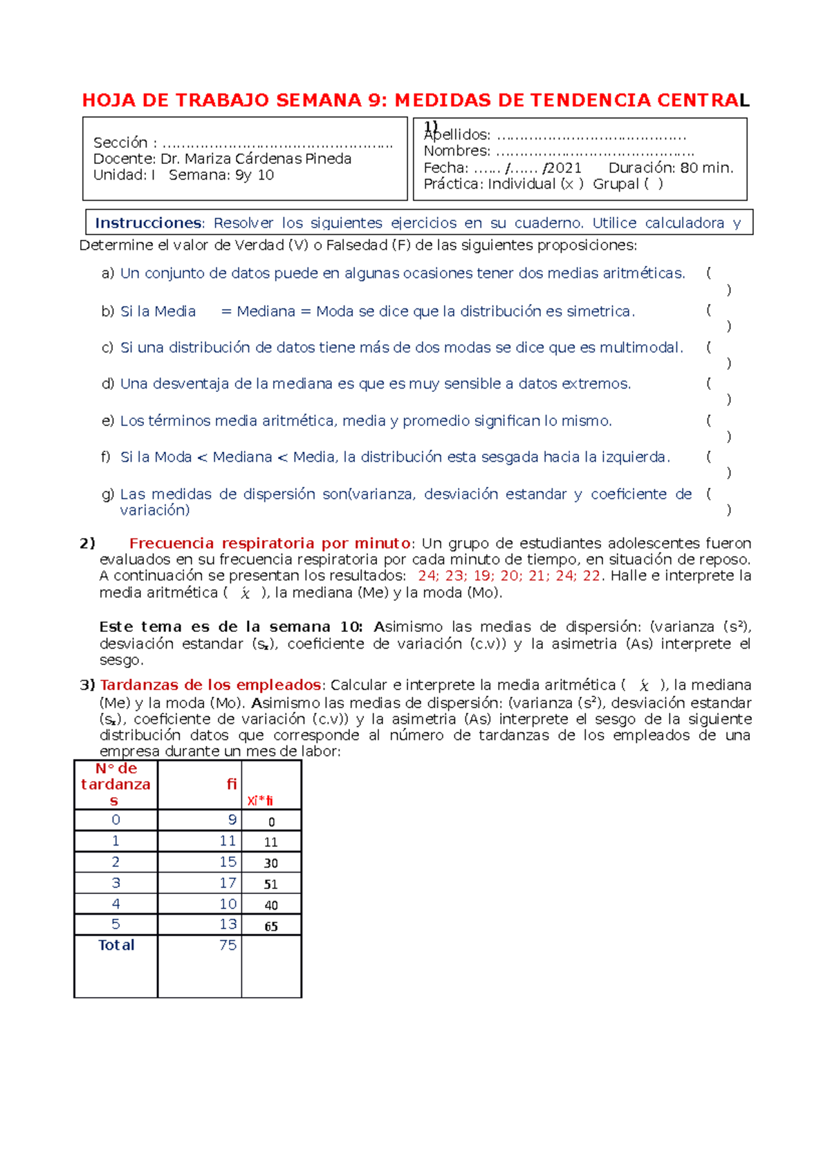 hojas de trabajo media mediana moda