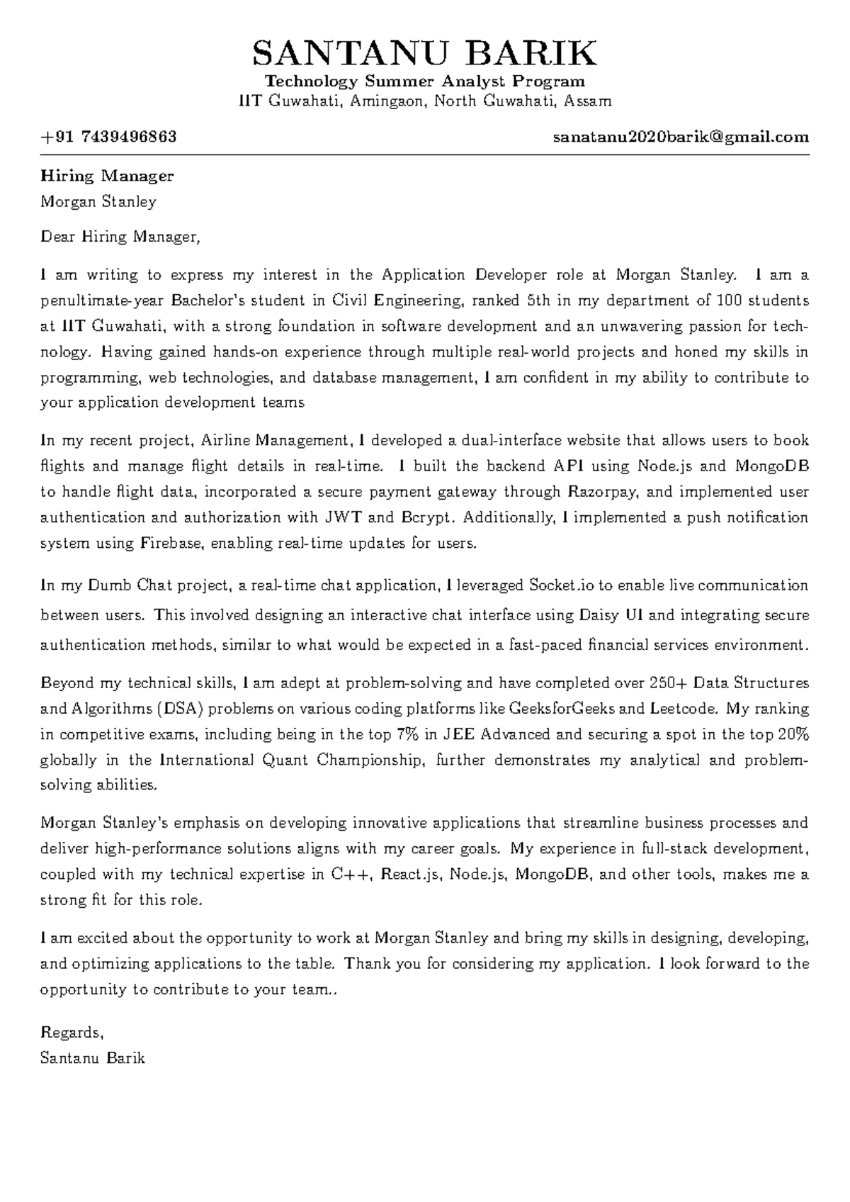 Cover letter.Morgan Stanly - SANTANU BARIK Technology Summer Analyst ...