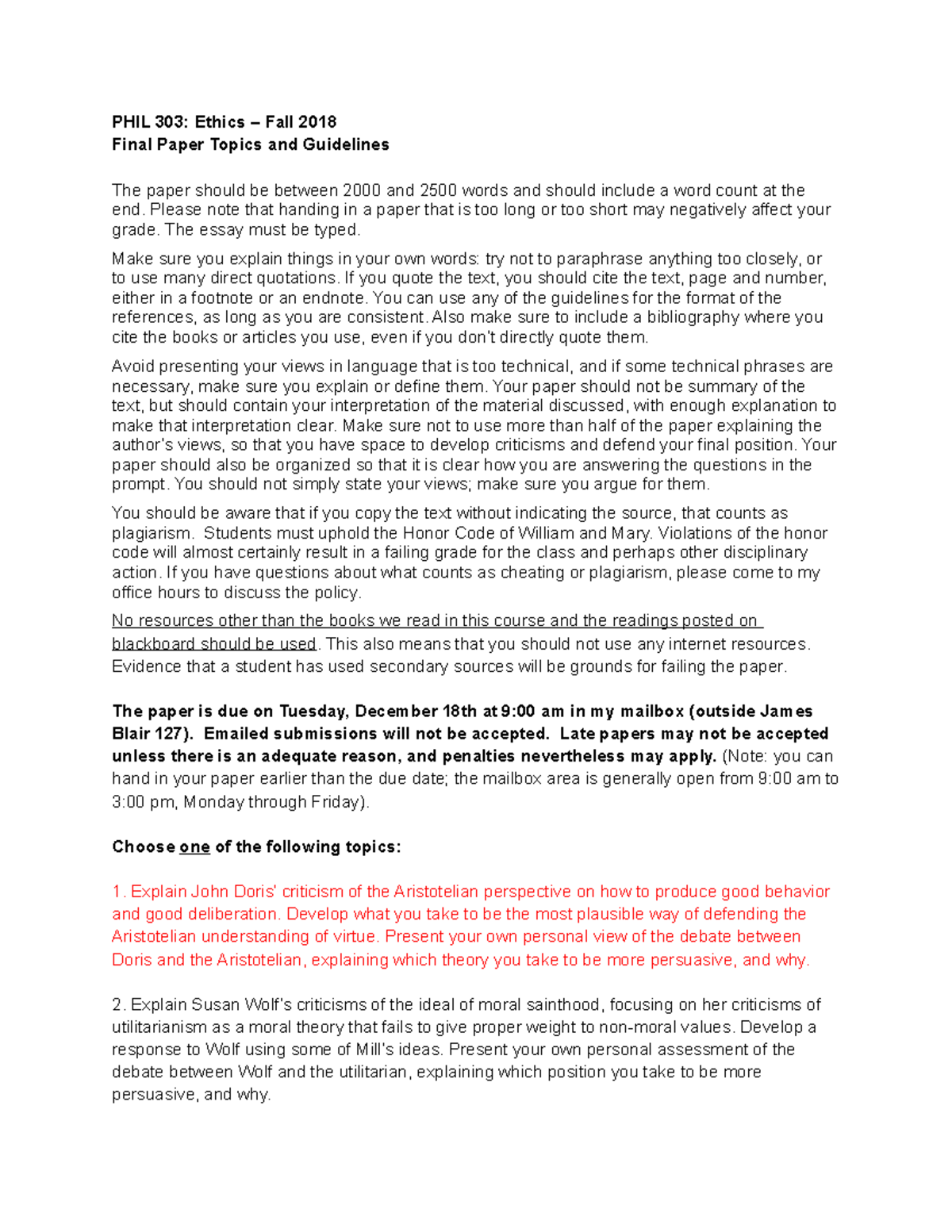 Final Paper Topics and Guidelines - PHIL 303: Ethics – Fall 2018 Final ...