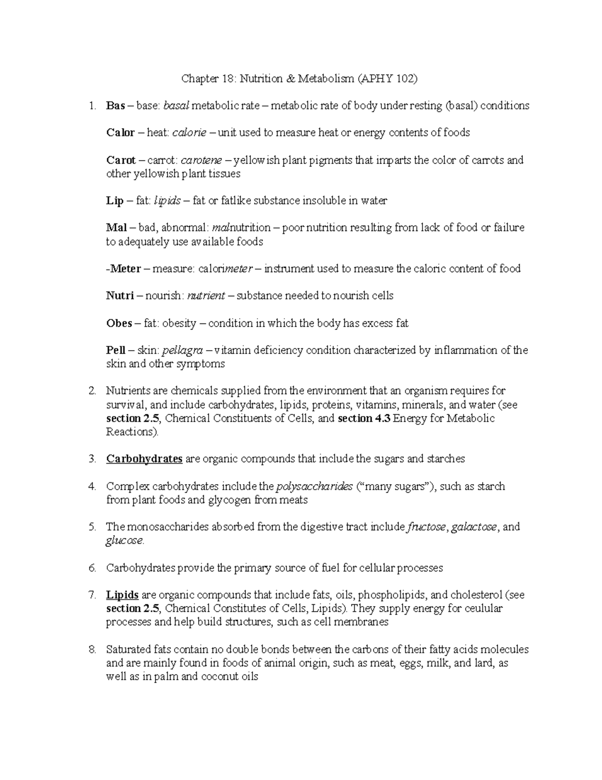 Chapter 18 Nutrition And Metabolism (APHY 102) - Chapter 18: Nutrition ...