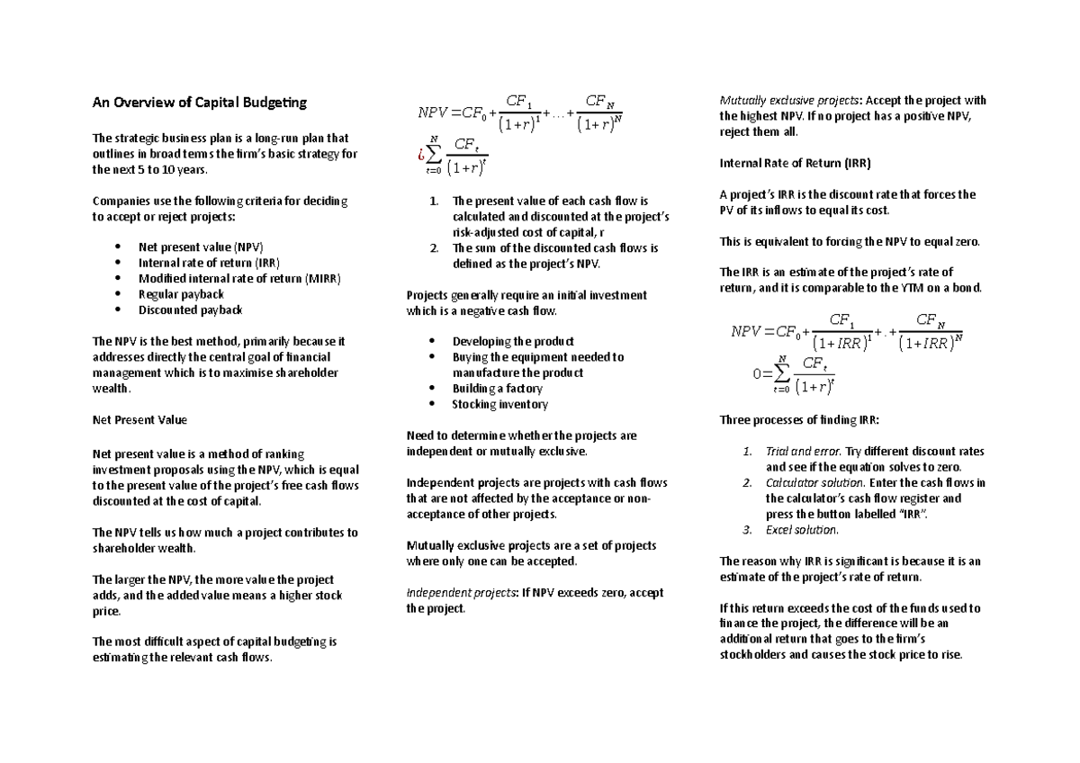 The Basics of Capital Budgeting - An Overview of Capital Budgeting The ...