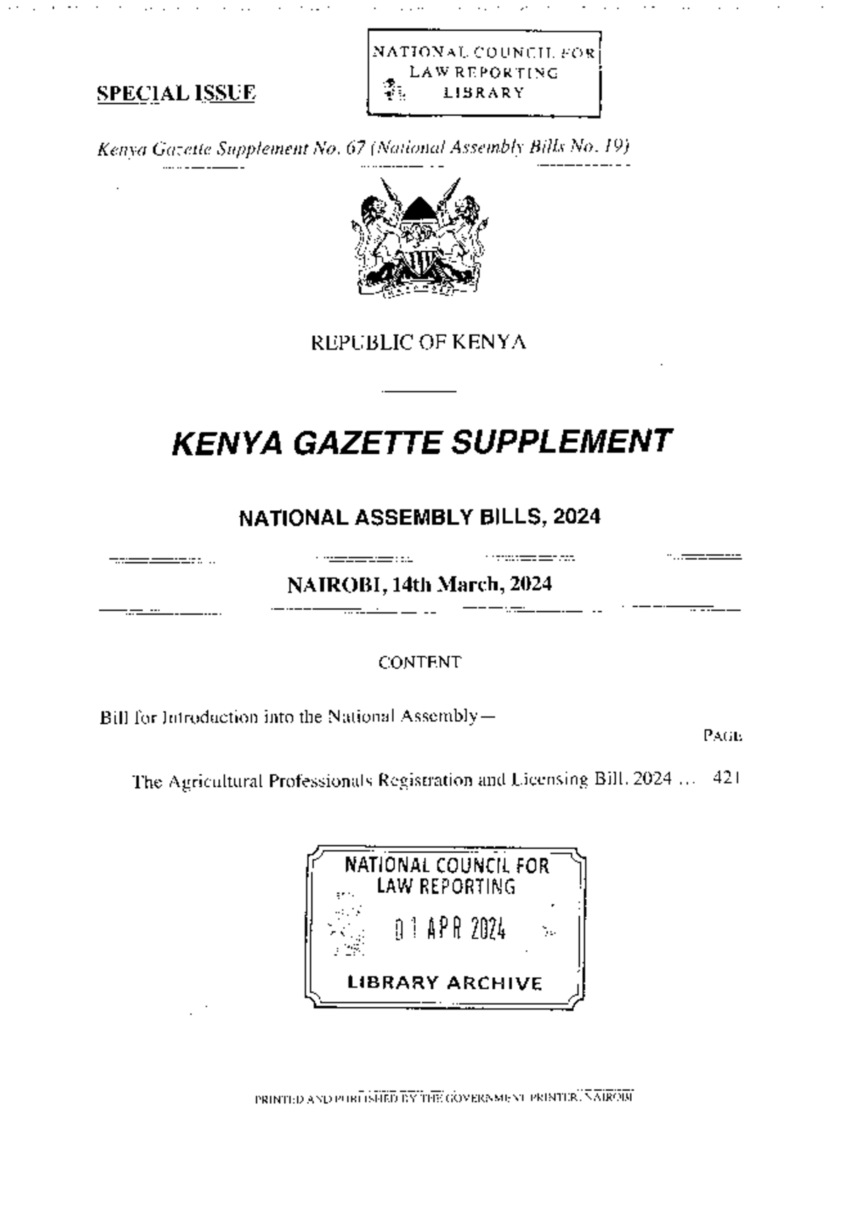 The Agricultural Professional Registrationand Licensing Bill 2024 (1