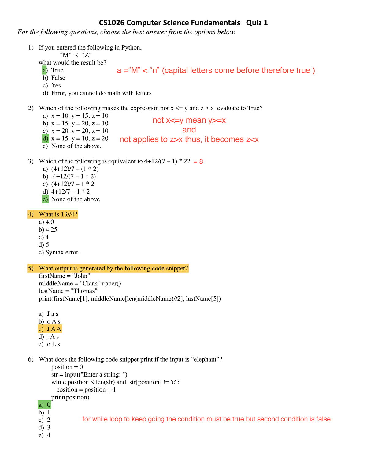 Quiz 1 Fall Past Test Computer Science 1026 Computer Science Studocu