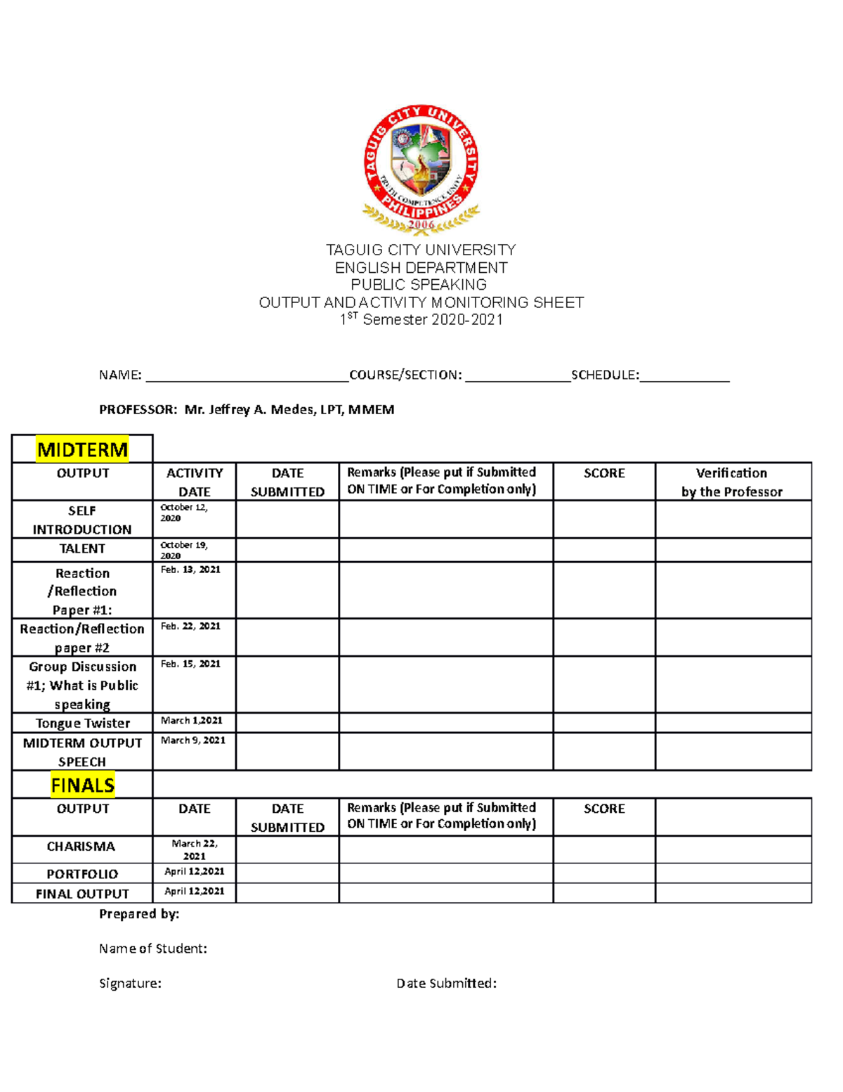 Public speaking monitoring sheet - TAGUIG CITY UNIVERSITY ENGLISH ...