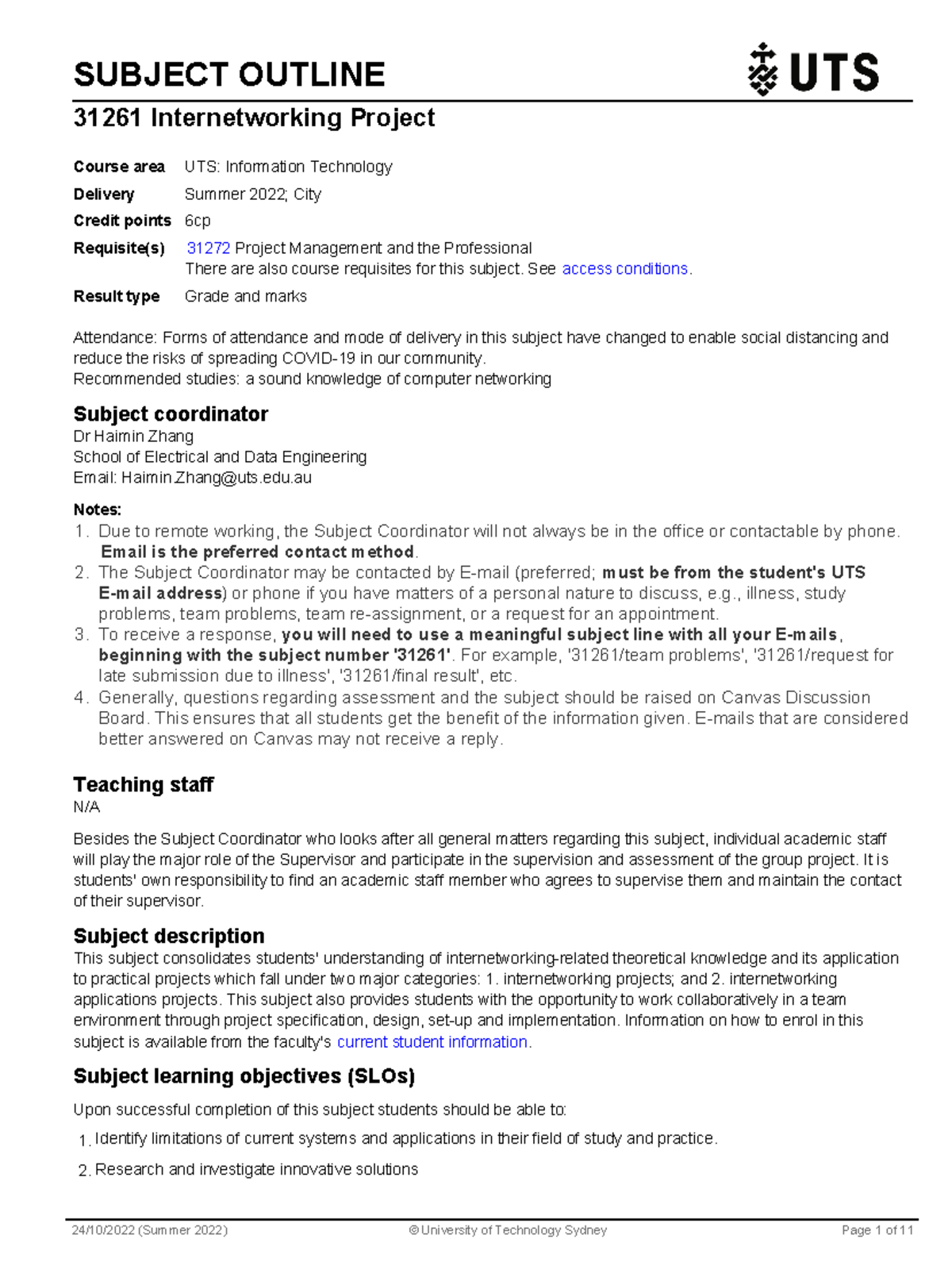 Subject Outline - 31261 Internetworking Project - SUBJECT OUTLINE 31261 ...