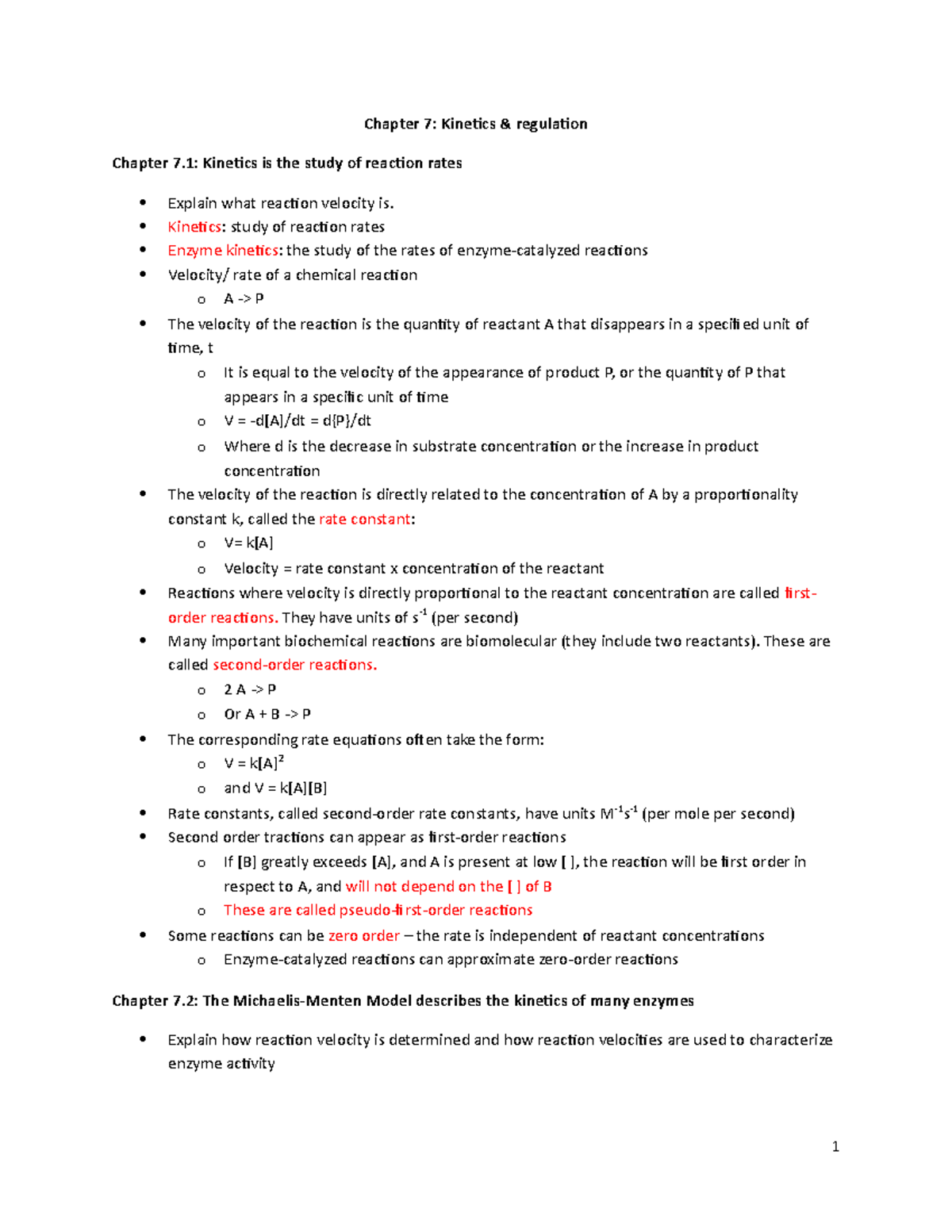 Chapter 7 Kinetics & Regulation - Chapter 7: Kinetics regulation ...