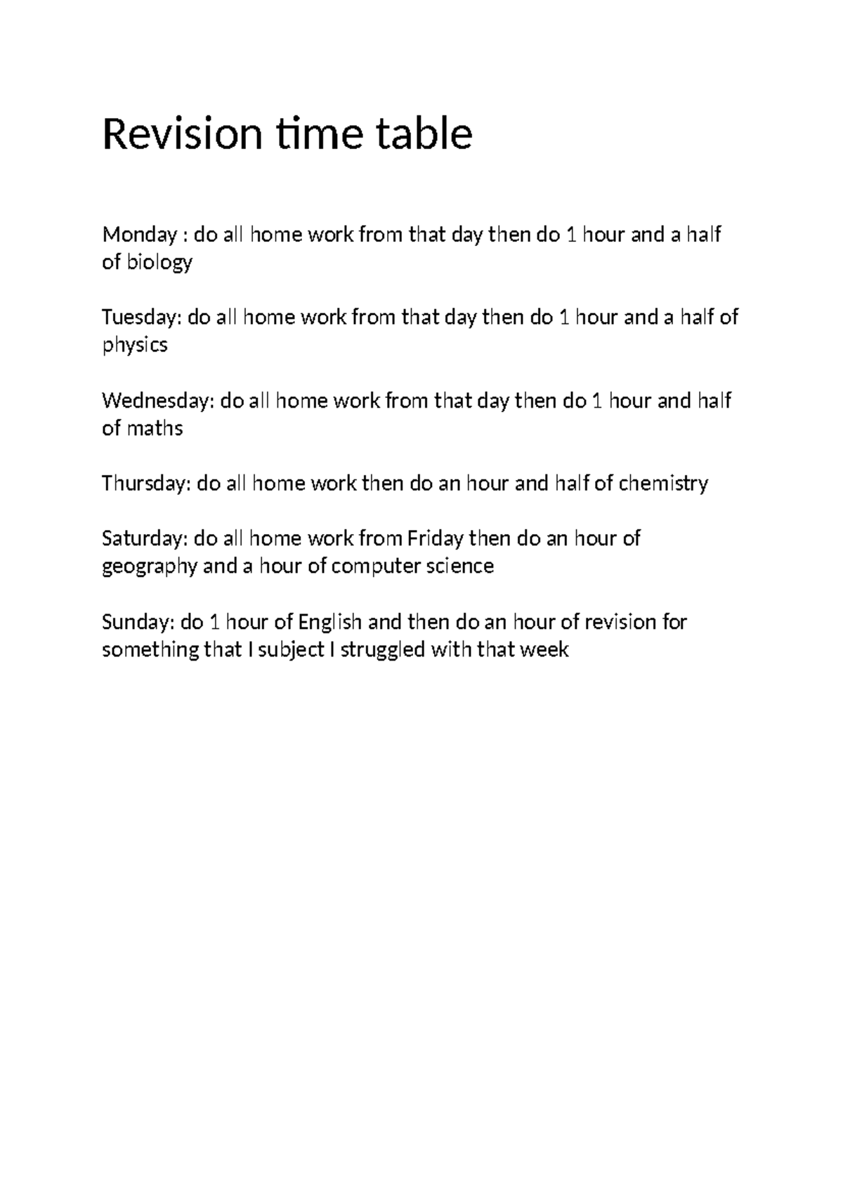 Document (39) - Jjs - Revision time table Monday : do all home work ...
