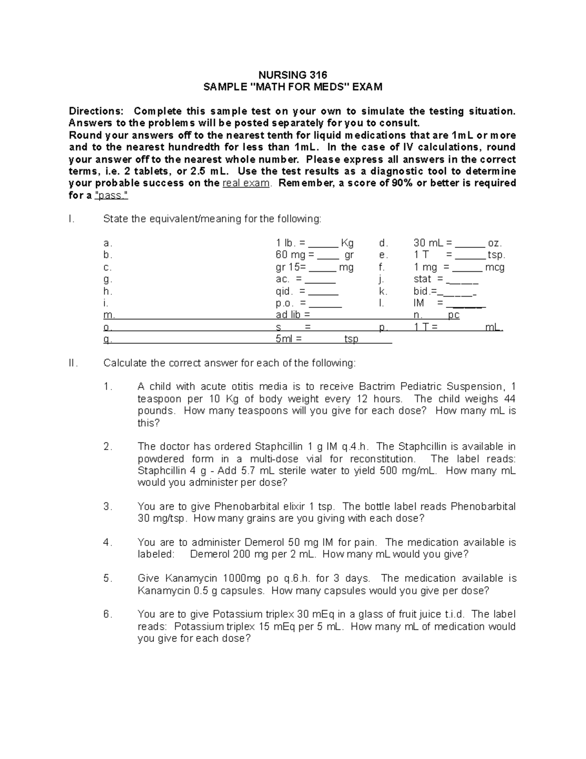 Sample math for meds practice exam nursing 316 sample math for meds