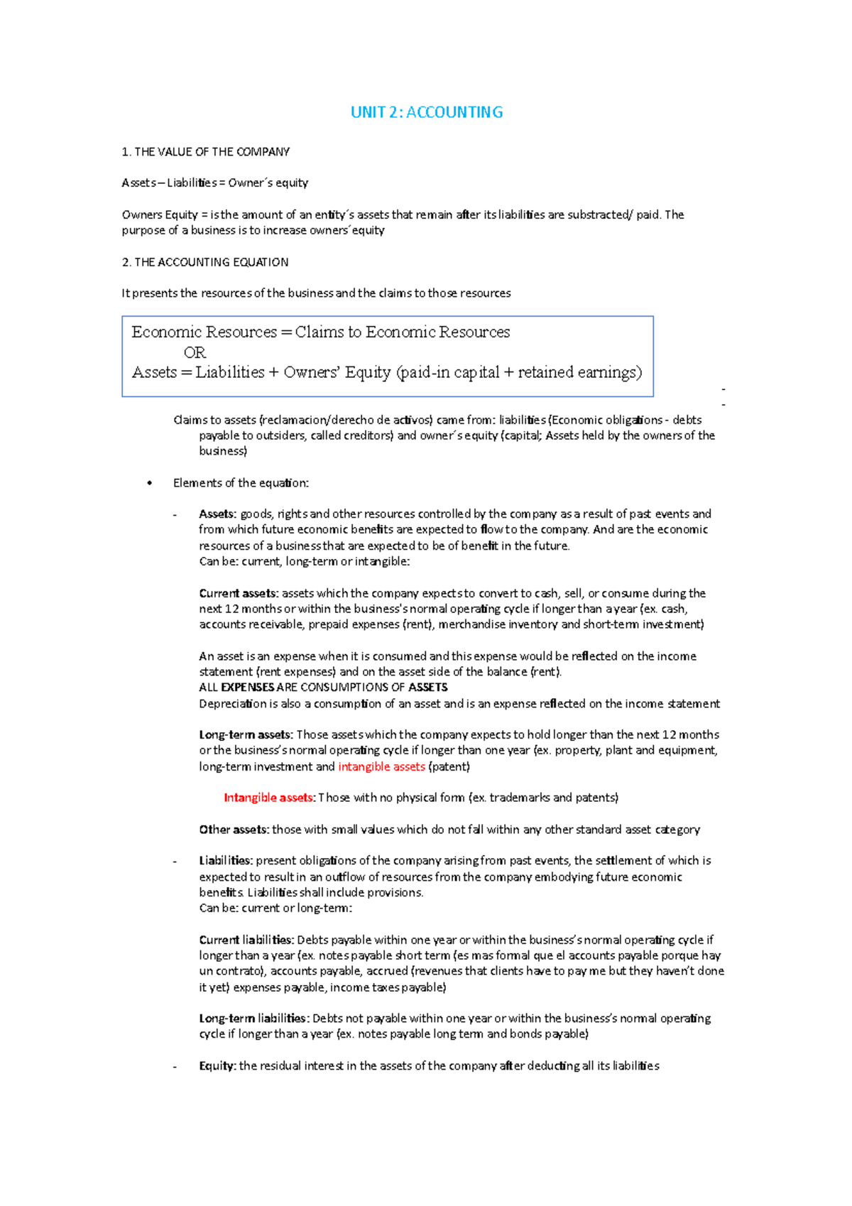 UNIT 2 accounting - Apuntes unit 2 - UNIT 2: ACCOUNTING 1. THE VALUE OF ...