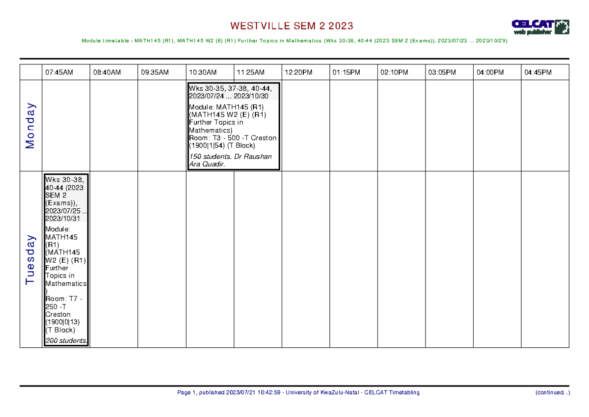 M19622 - Ttyy - WESTVILLE SEM 2 2023 Module timetable - MATH145 (R1 ...
