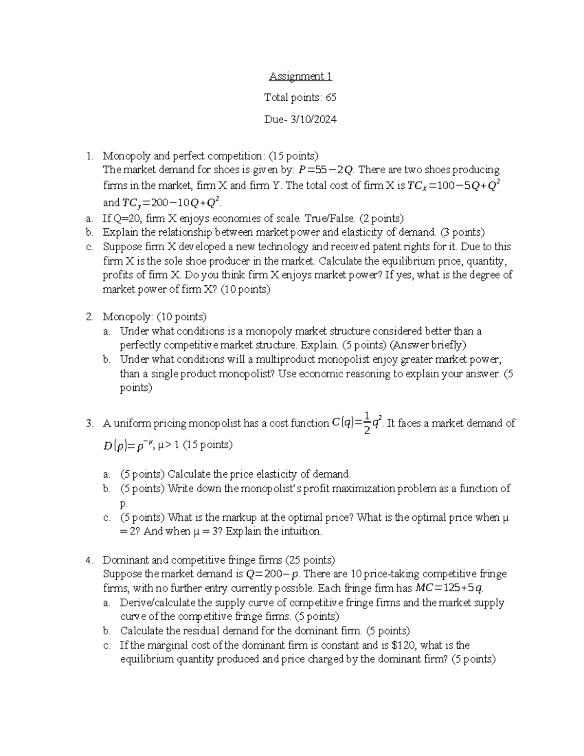 Assignment 1- Fall 2024 - Assignment 1 Total points: 65 Due- 3/10 ...