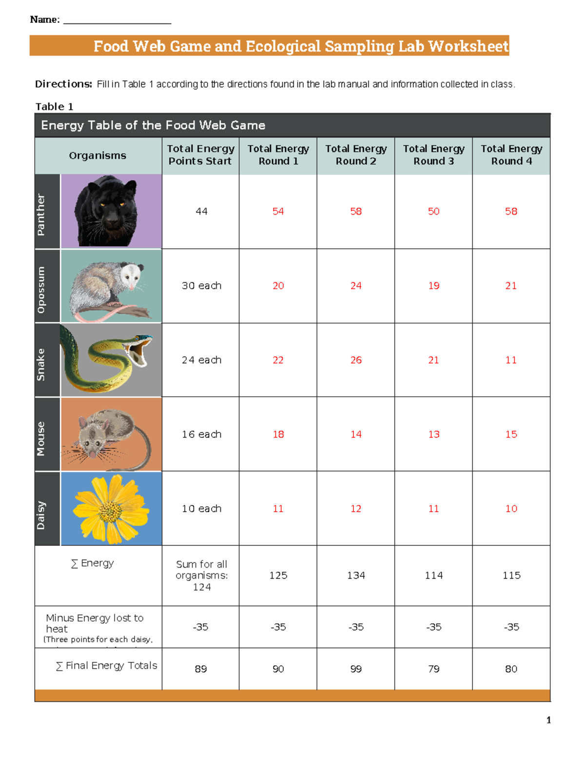 W13 Ecology Lab Worksheet - Food Web Game and Ecological Sampling Lab ...
